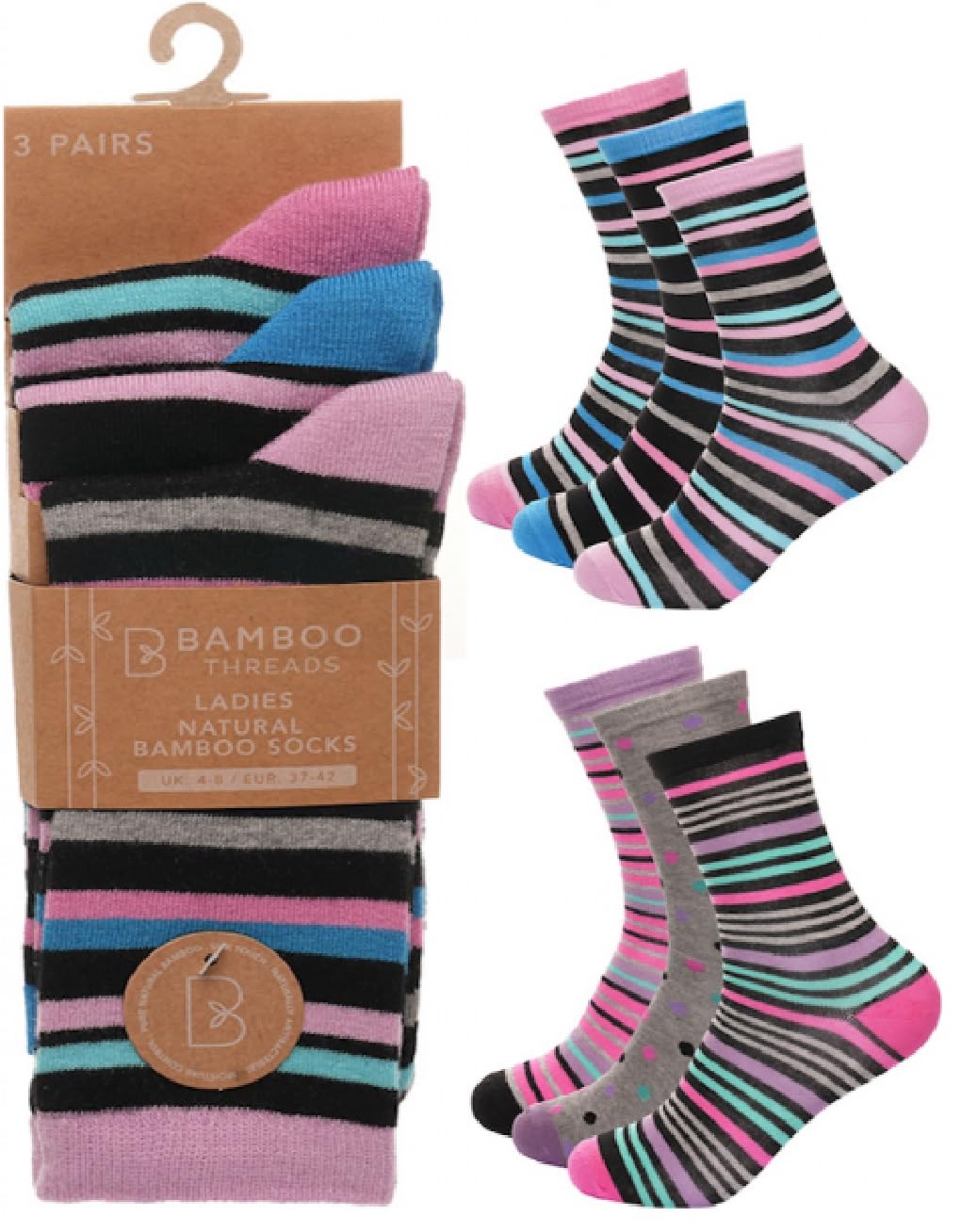 Onlybee Women's Multicoloured Stripes 3 Pairs Of Bamboo Healthy Soft Socks Bright Striped Anitbaterial Fun Pink Size Uk 4 To 8