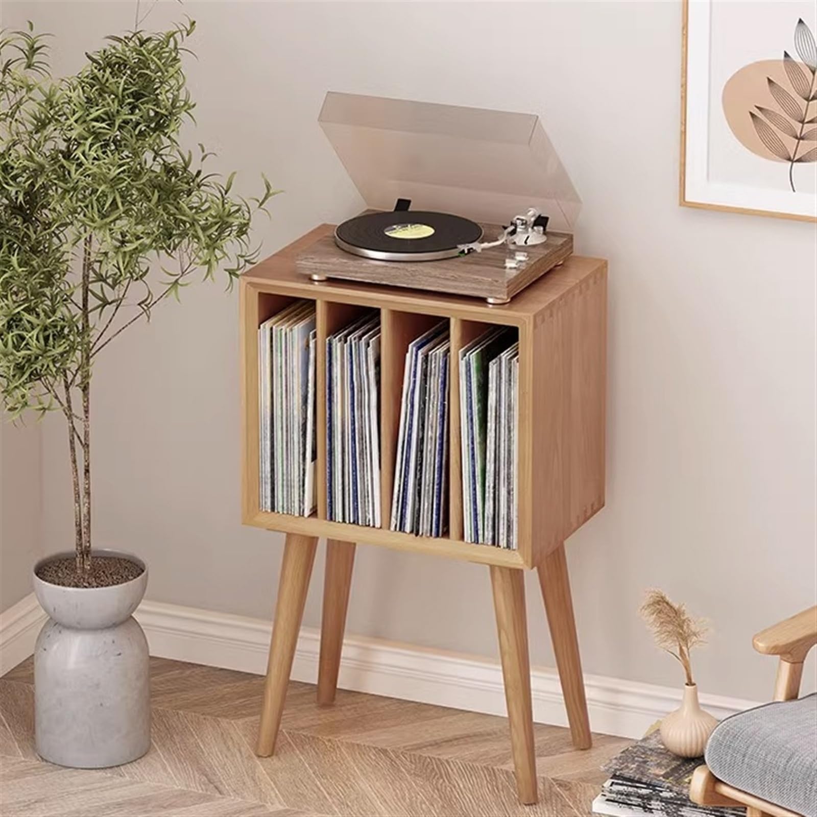 Mobile Supporto Per Giradischi In Legno Metà Secolo - Ampio Armadio Per Vinili Con Ripiani Aperti, Fino A 350 Album, Per Soggiorno E Camera - 4