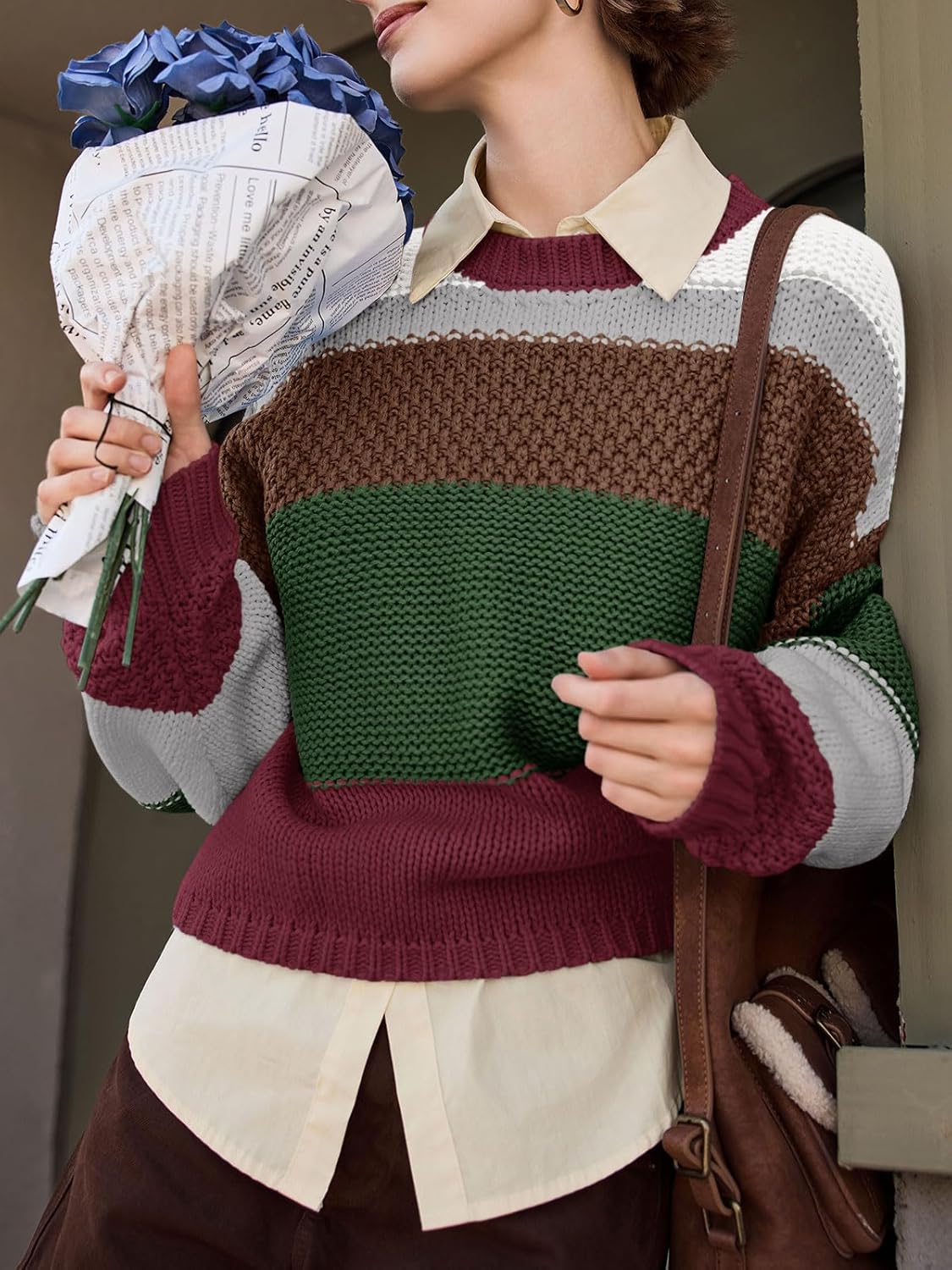 Saodimallsu Womens Color Block Cropped Sweaters 2025 Winter Trendy Casual Oversized Y2k Going Out Striped Pullover Tops - Image 2