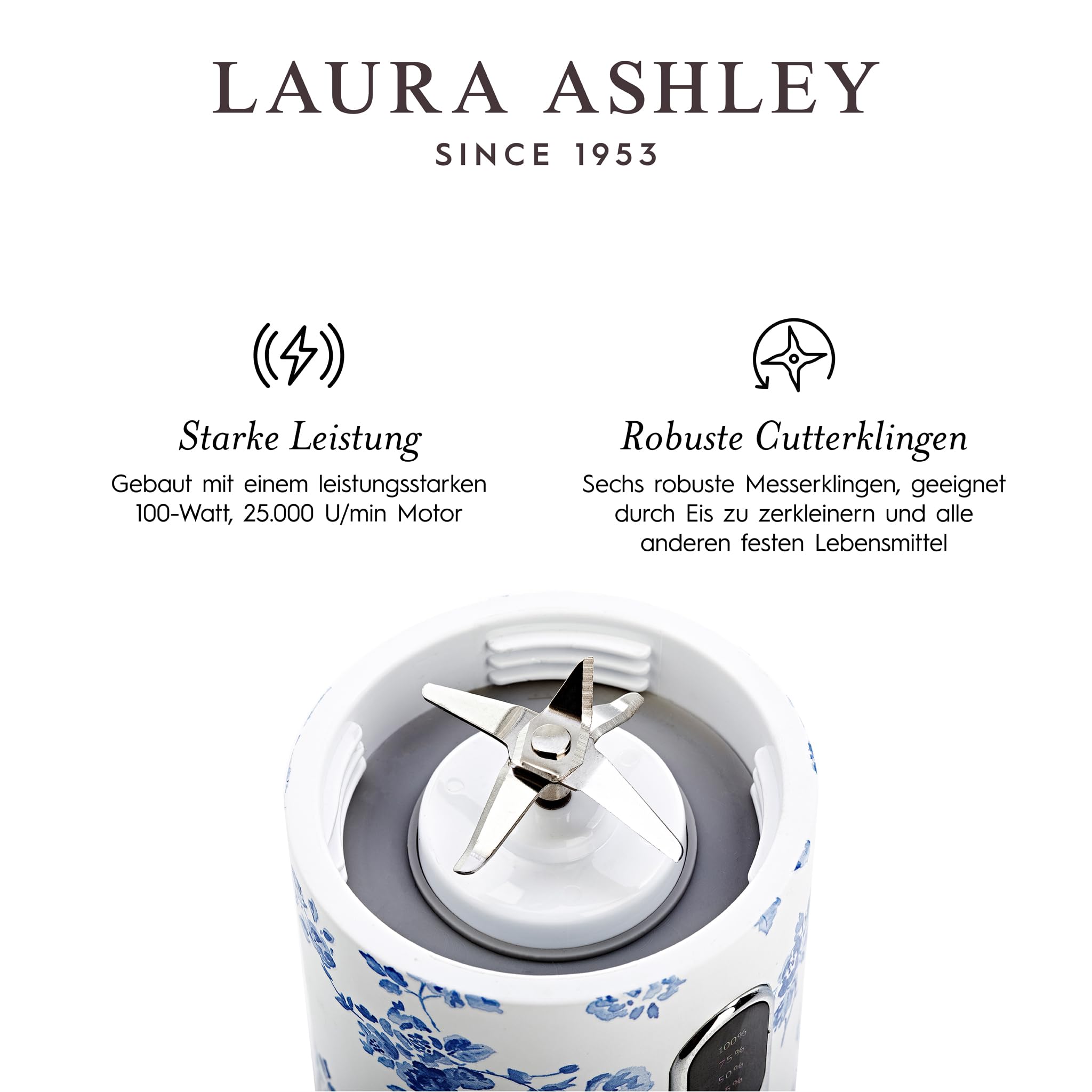 Laura Ashley Portable Blender Smoothie Maker to Go mit China Rose Design und 450 ml Flasche von VQ – USB Aufladbarer, Leistungsstark, und Kompakter Smoothie Mixer, Perfekt für Küche, Sport, und Reisen