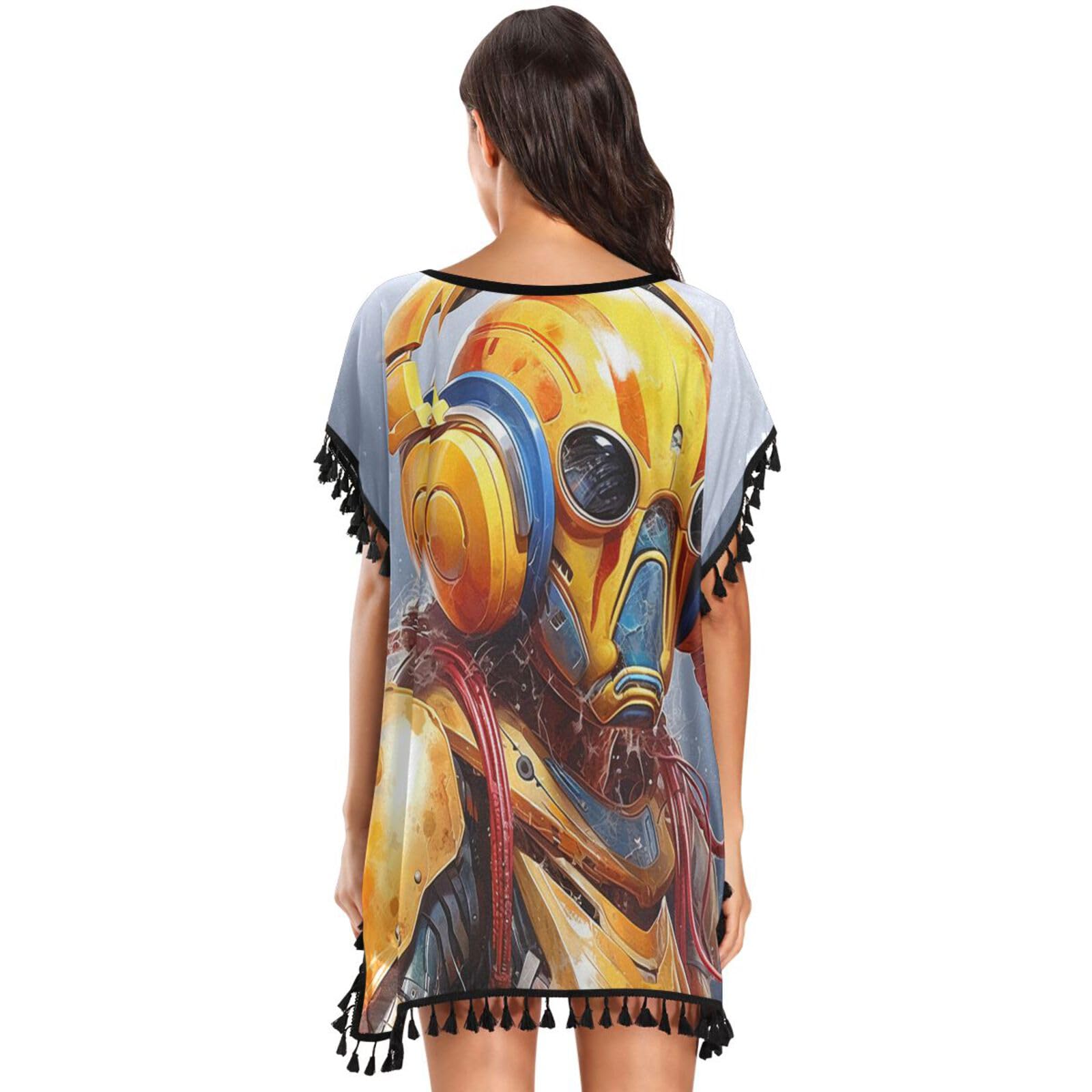 Cool Watercolor Lobster Art Women's Beach Cover Up Chiffon Tassel Swimwear Swimsuit Coverups for Girl