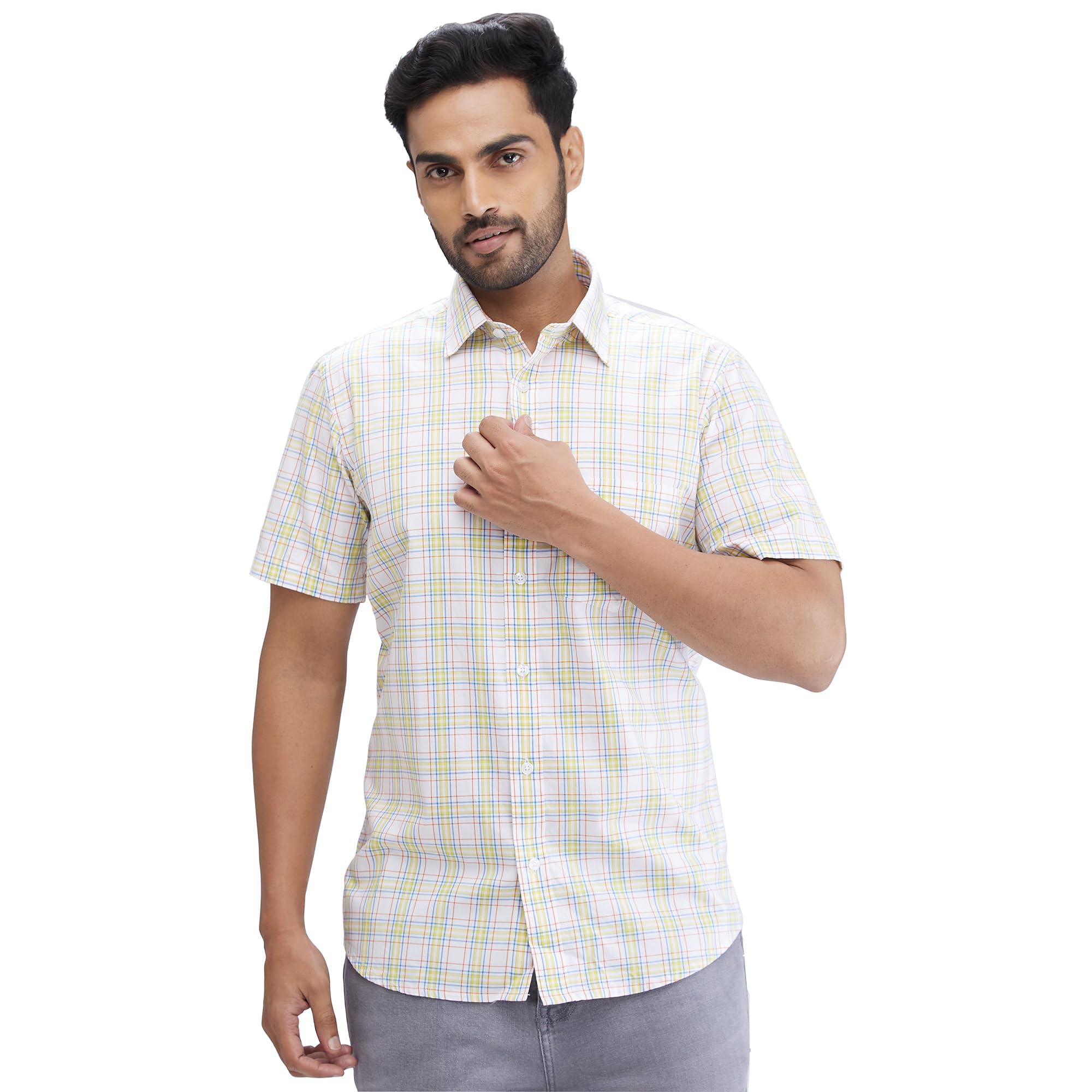 colorplus Men's Regular Fit Checks Pattern Pure Cotton Plain Collar Half Sleeve Casual Shirt-picture-25