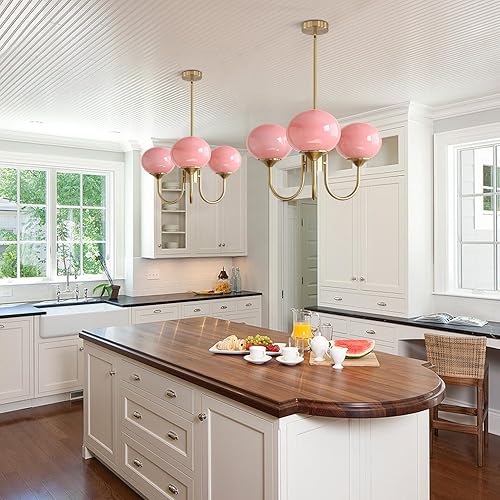 Miniatura 5 de BOKT Candelabro Sputnik moderno de color rosa cepillado con globo dorado Sputnik, 3 luces colgantes de cristal de mediados de siglo, altura