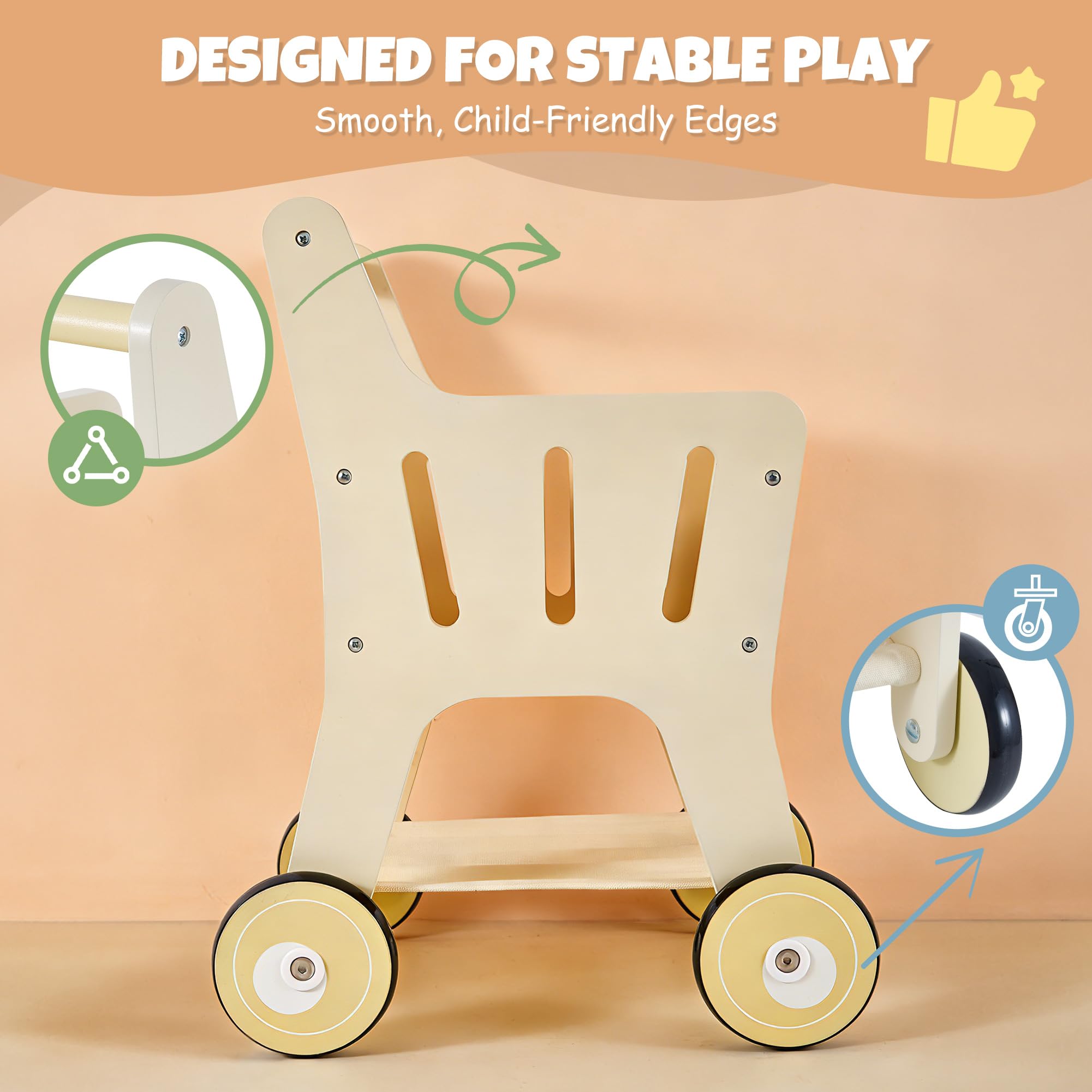 Pithfor Holz-Einkaufswagen für Kinder, 3-in-1 Holz-Baby-Push-Walker, Baby-Puppen-Kinderwagen, Spielzeug-Einkaufswagen für Kleinkinder 1-3