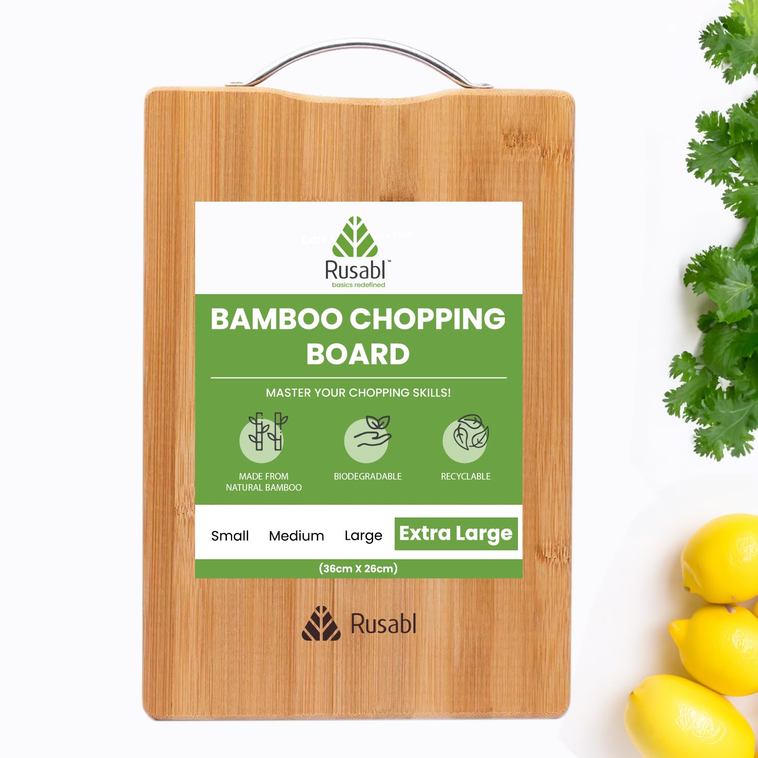 Rusabl Bamboo Wooden Chopping Board (36 X 26 cms, 1.8 cm Thickness, Extra Large) Comes with Metal Handle, Vegetable Cutting Board for Kitchen Items, BPA Free, Eco-Friendly, Anti-Microbial (B09VBYJFMT) Amazon Price History, Amazon Price Tracker