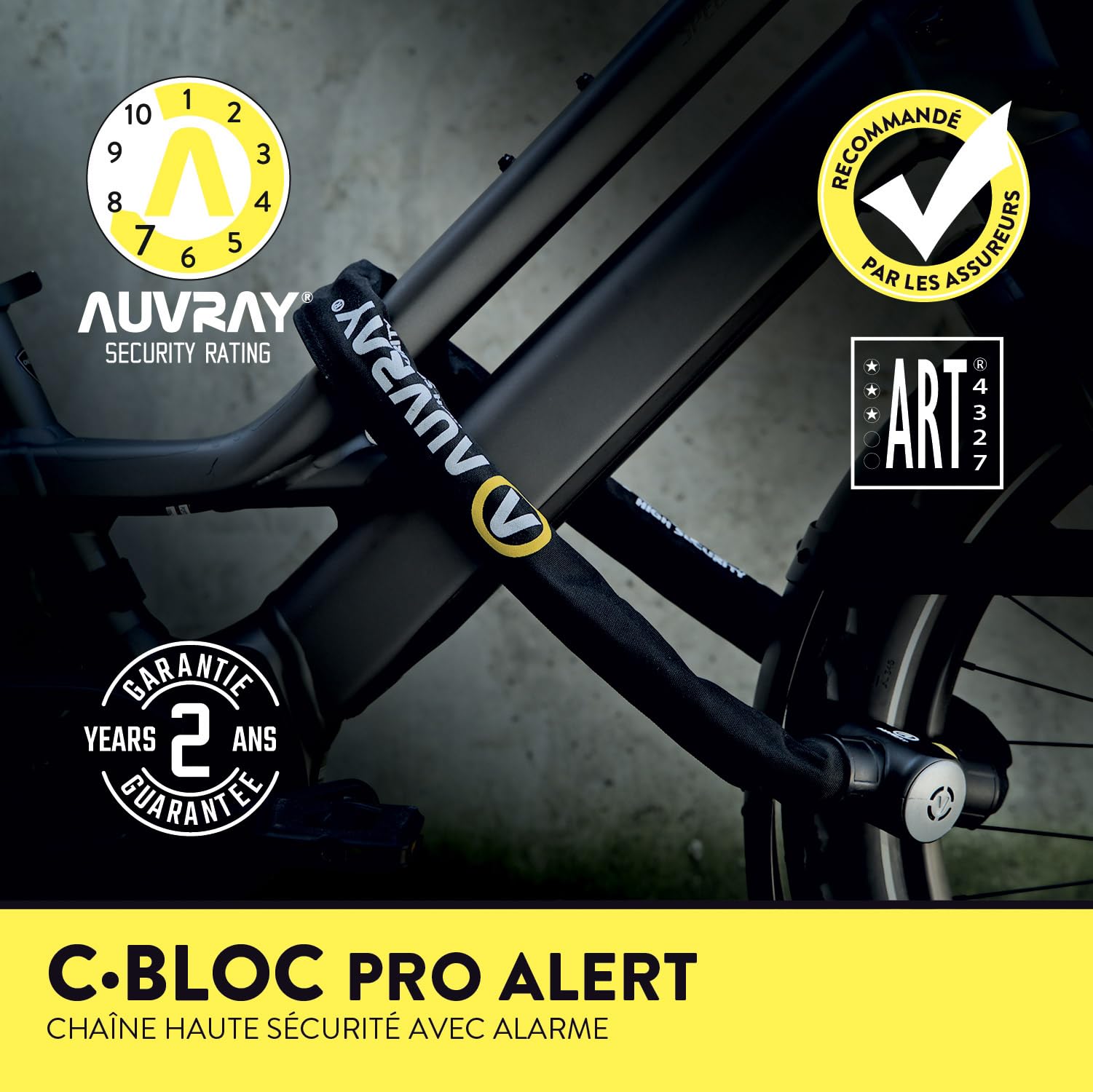 AUVRAY - Antivol vélo chaîne C·BLOC PRO ALERT - Certifié ART 4327 - Alarme 120 dB - Niveau de sécurité 8/10 - Recommandé par les Assureurs- Chaîne acier cémenté Ø10mm - Longueur 100cm - Haute sécurité