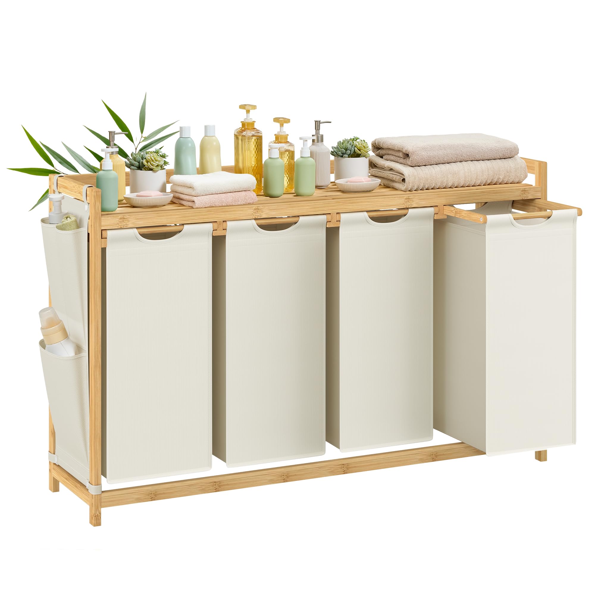 SONGMICS Wäschekorb 4 Fächer, Bambus, Wäschesammler 200 L, Wäschesortierer, mit Ablage, Wäschesack, kleine seitliche Taschen, Wäscheregal, 4 x 50 L, 124,6 x 33 x 78 cm, cremeweiß RLH120W01