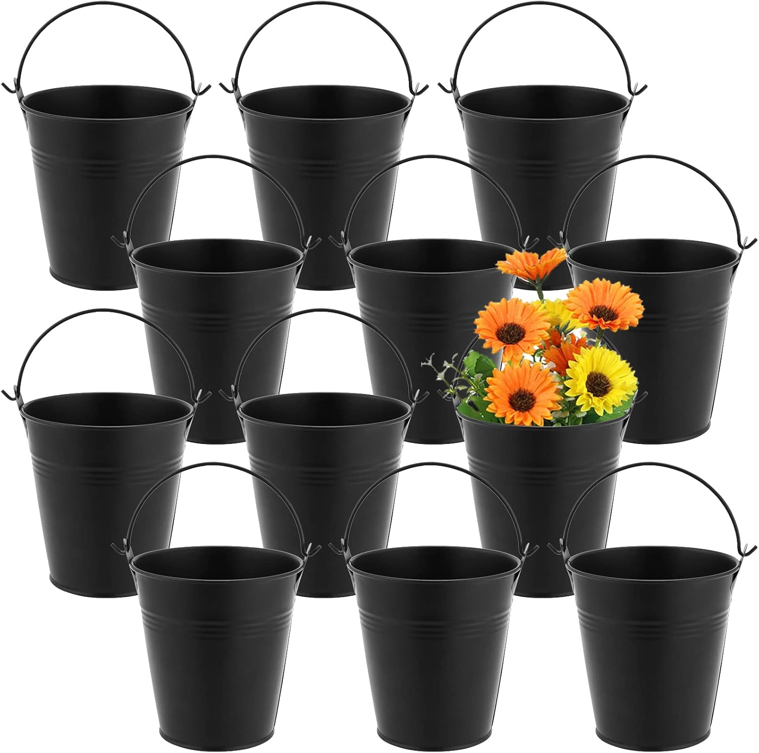 MUKLEI 12 PCS 10cm Galvanised Metal Buckets, Black Small Metal Bucket