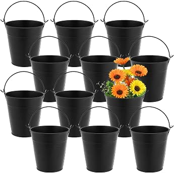 MUKLEI 12 Pieces 10cm Galvanized Metal Bucket Black Small Metal Bucket Hanging Flower Bucket with Handle Mini Metal Hanging Succulent Pots for Small Plants Candy Home Party Decoration