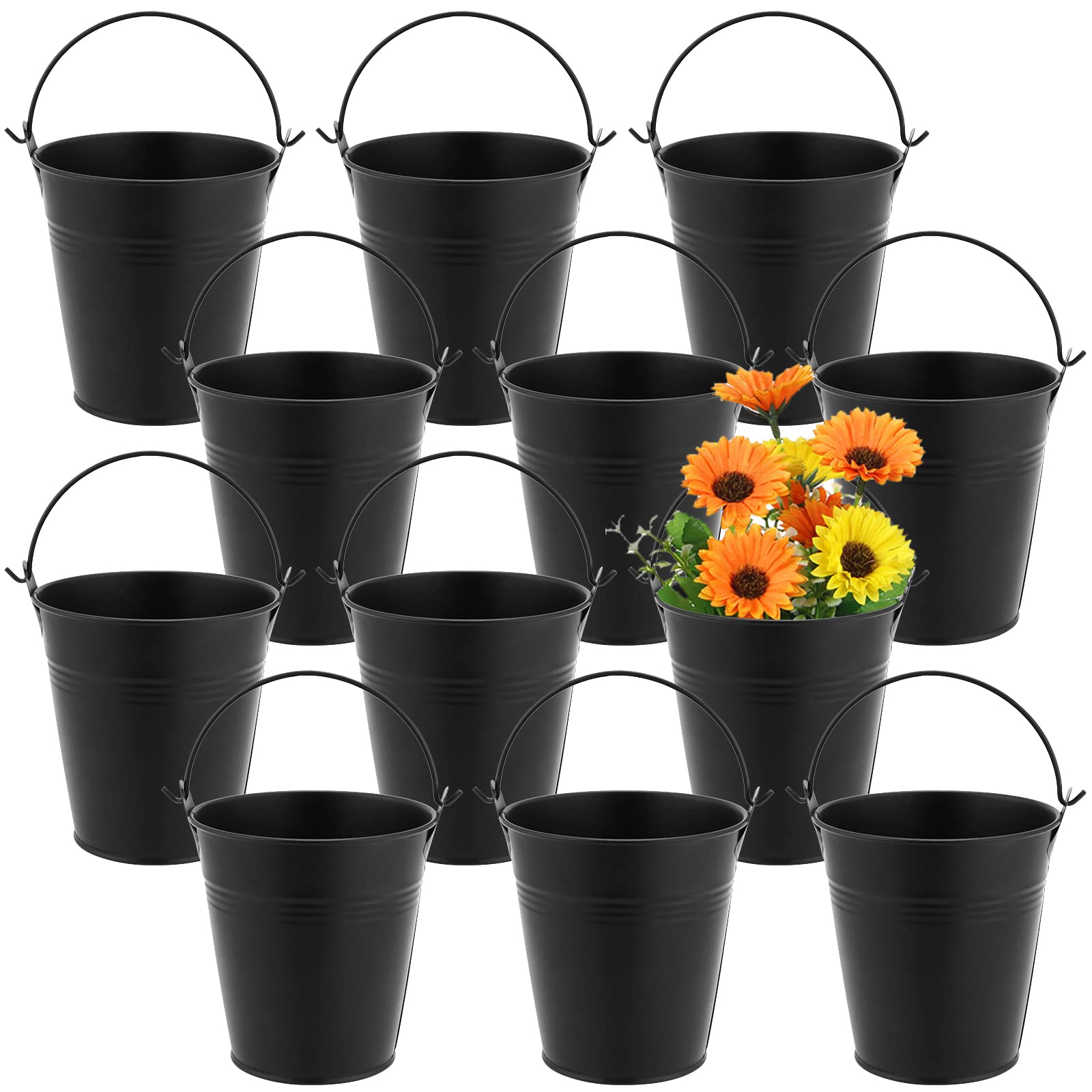 MUKLEI 12 PCS 10cm Galvanised Metal Buckets, Black Small Metal Bucket, Hanging Flower Bucket with Handle, Mini Metal Hanging Succulent Pots for Small Plant, Snack, Candy, Home Party Decor
