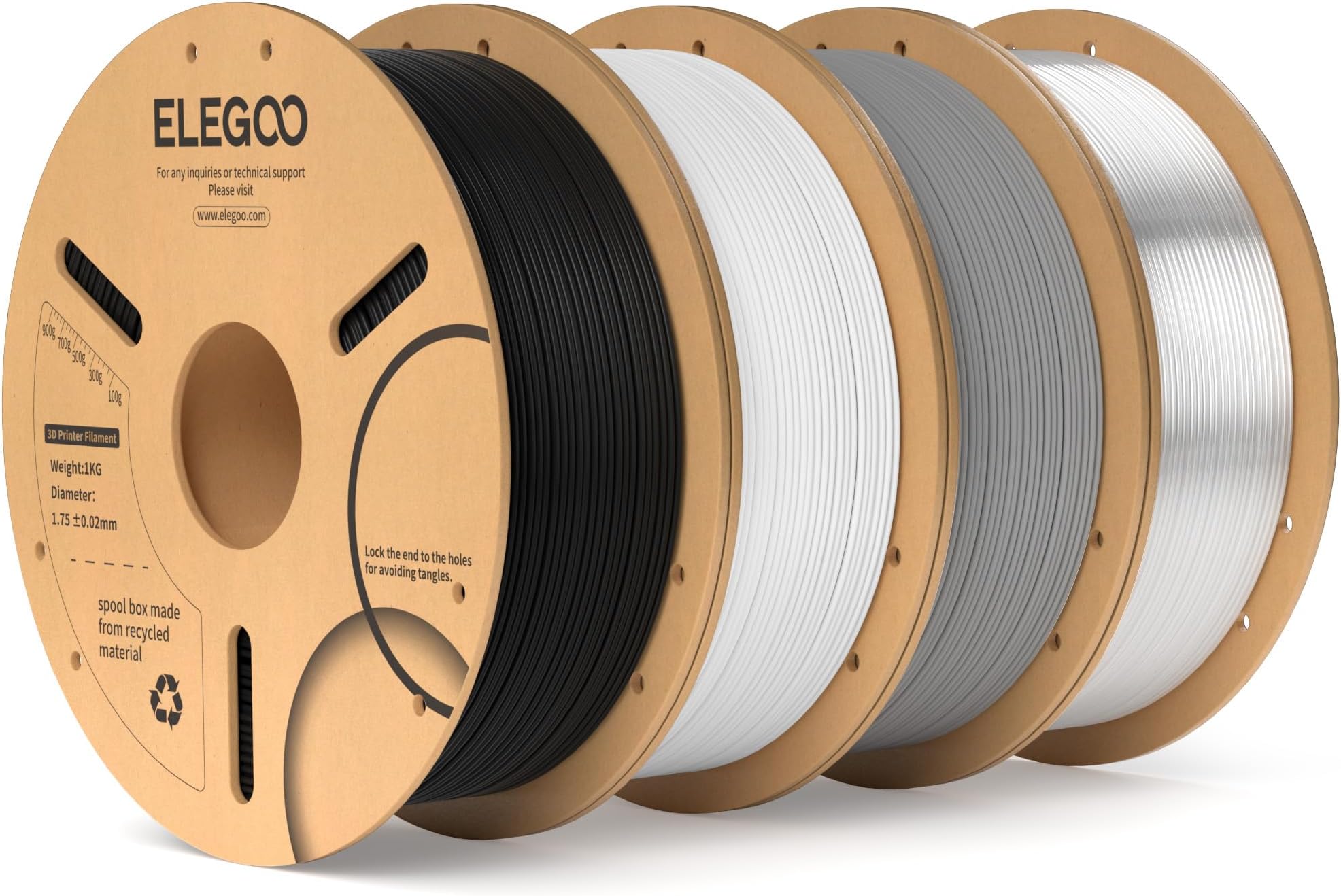 ELEGOOPLA Filament 1.75mm Bundle 4KG, 3D Filament Dimensional Accuracy +/- 0.02mm, 1kg Cardboard Spool(2.2lbs) 3D Printing Filament Fits for Most FDM 3D Printers(Black, White, Grey, Clear)