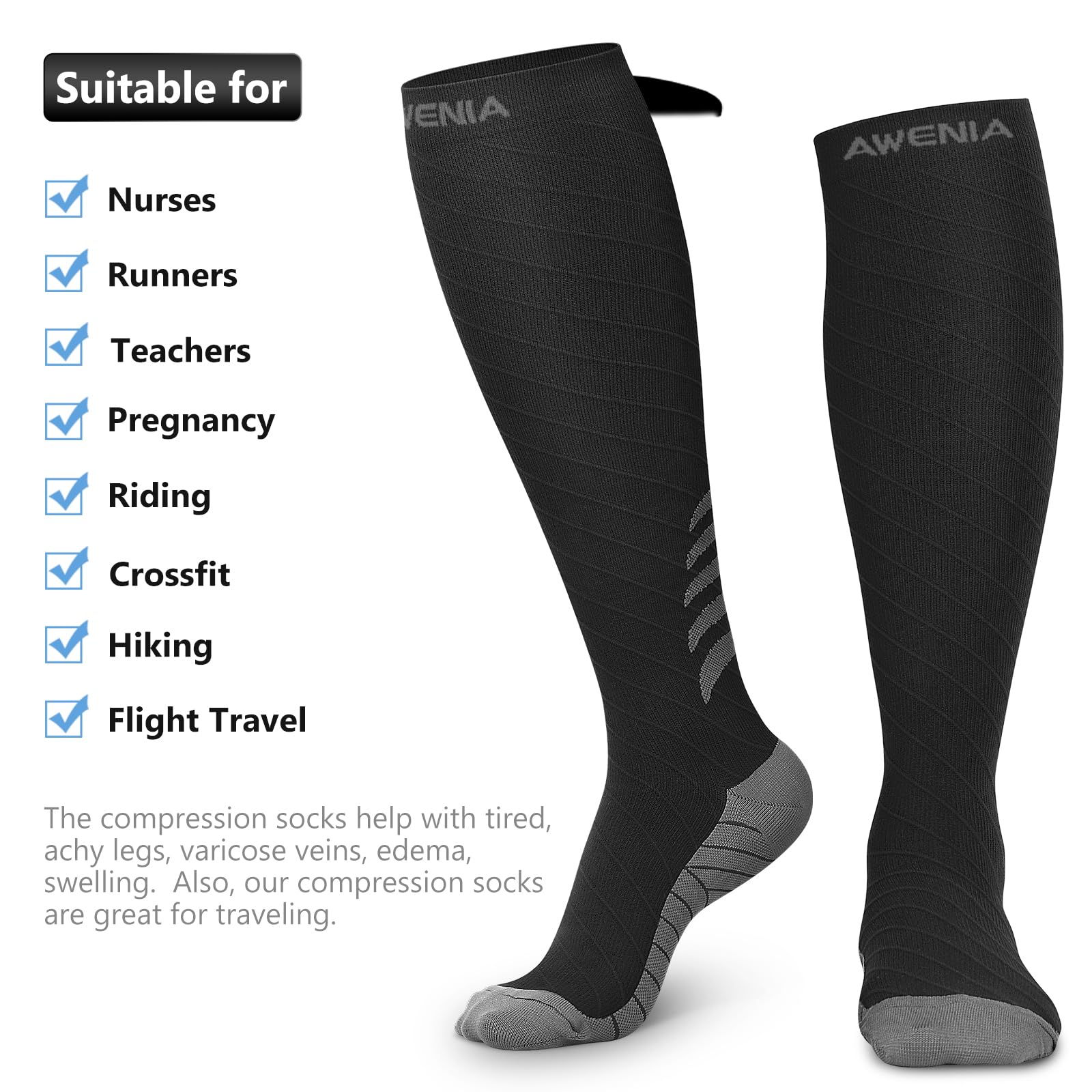Awenia Chaussettes de Contention, Chaussettes de Compression Sport pour Homme et Femme, Circulation, 20-30mmHg, Bleu