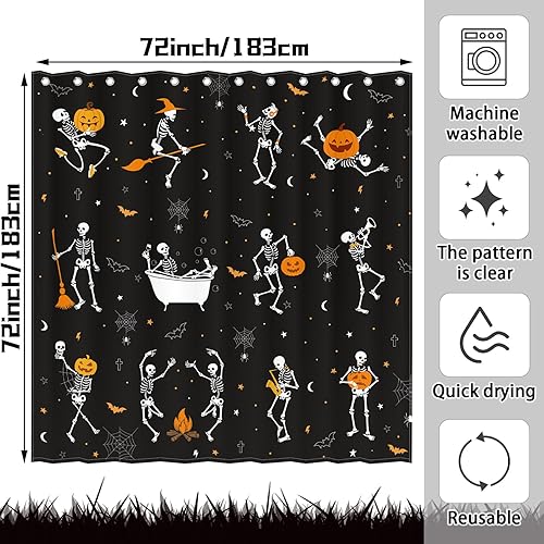 Miniatura 5 de Cortina de ducha de calavera de Halloween para baño, 72 x 72 pulgadas, divertida danza de esqueleto gótico en blanco y negro, cortinas de ducha de