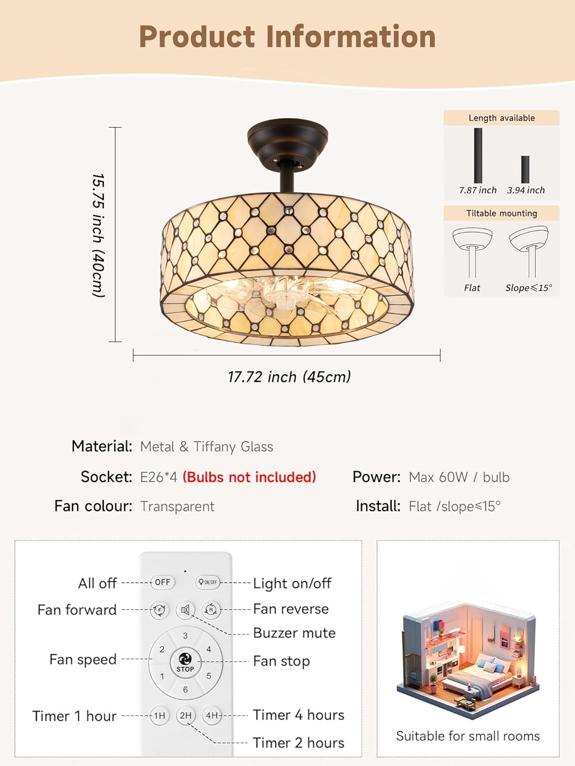 Tiffany Style Ceiling Fan with Light and Remote, Vintage Handmade Stained Glass Fandelier, Crystal Caged Ceiling Fans with Lights Flush Mount, Black Chandelier for Bedroom, Living Room, Kitchen, Foyer