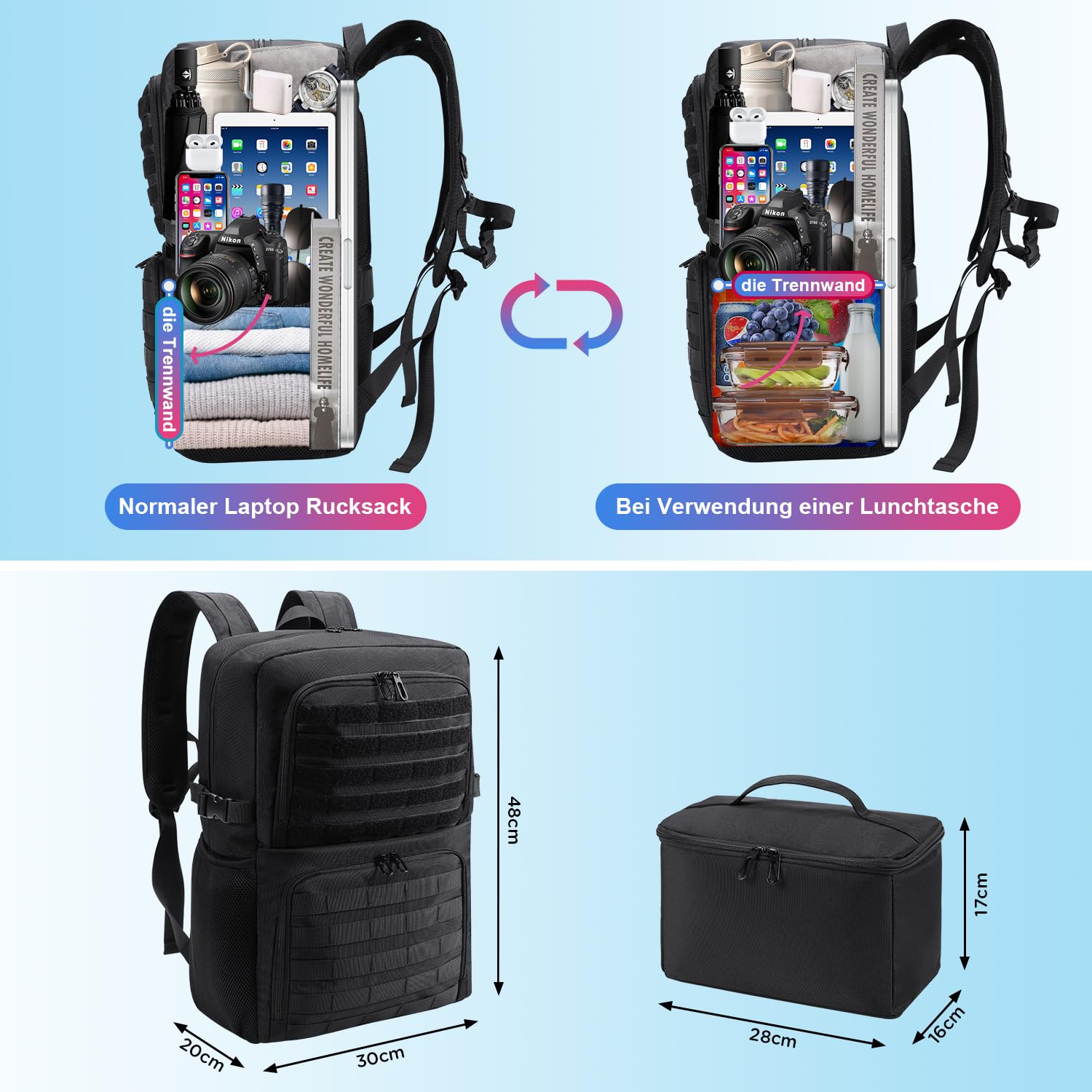 BERTASCHE Zaino per il pranzo, zaino per computer portatile con borsa termica per 15,6 pollici, zaino 2 in 1 da uomo, per lavoro, scuola, picnic, università, nero scuro