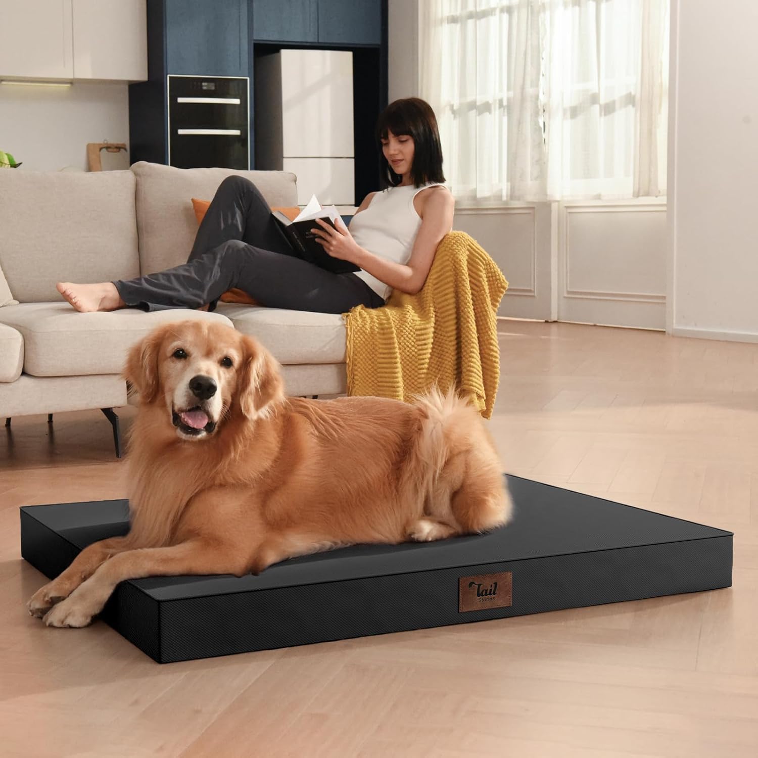 Outdoor Extra Large Dog Crate Bed, XXL Waterproof Dog Bed for Giant Breeds Dogs, 47x29 Inch Orthopedic Egg Crate Foam Pet Mat with Removable Cooling Cover, Black