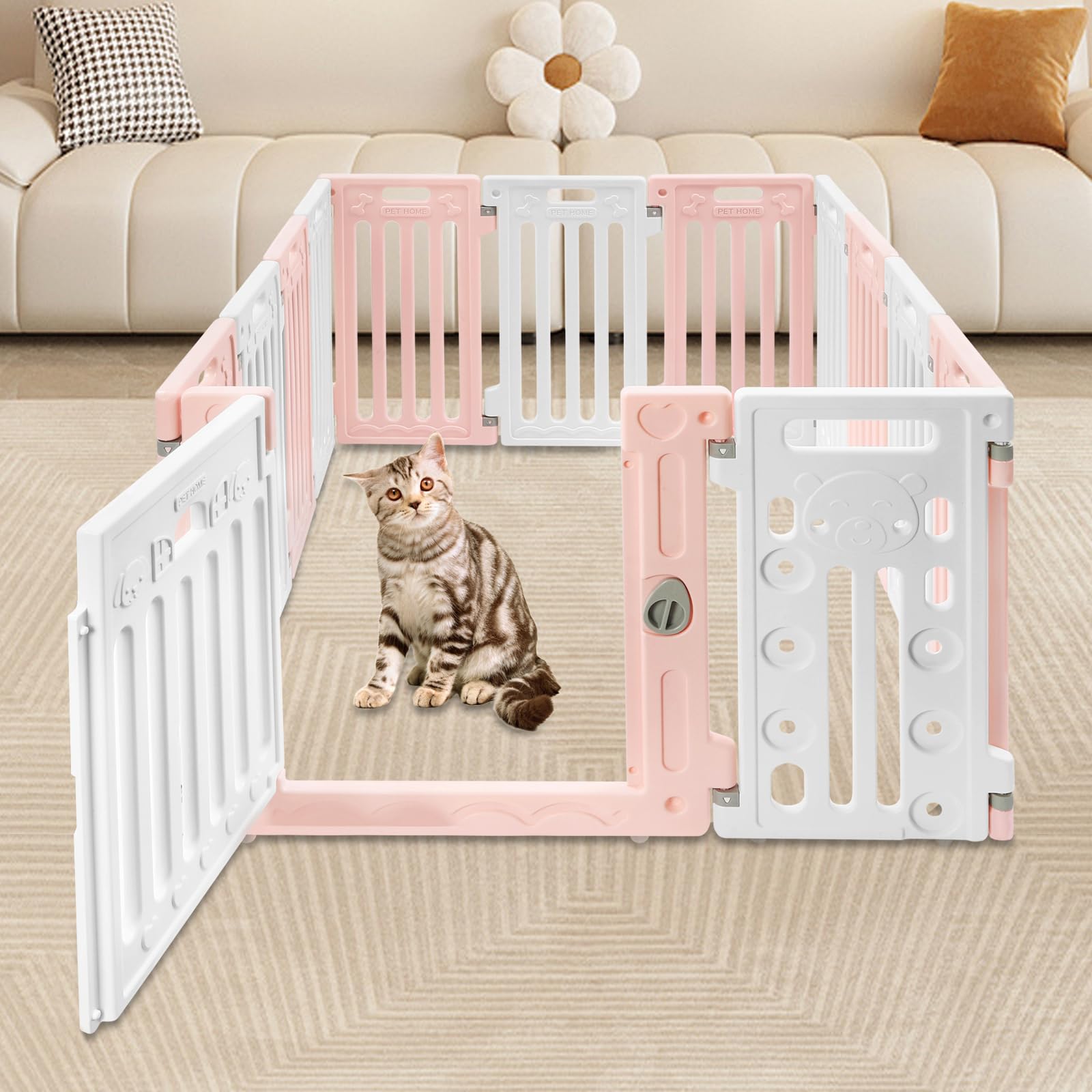 Dog Playpen with Door, 13-Panel, 25.6'' Heigh, Indoor/Outdoor Dog Pen with Function Panel, Foldable, Ink and White, 53.54'' × 40.55'' × 25.6''(L×W×H)