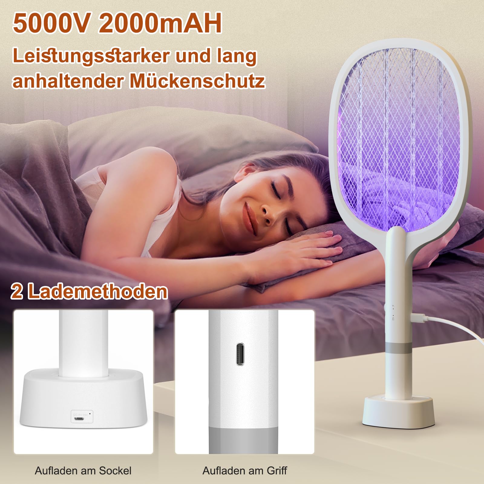 5000V 1800mAh Electric Racchetta Zanzare Elettrica,2 in 1 Electric Fly Swatter Racket USB C Ricaricabile con base di ricarica,Bug Zapper Mosquito Killer per zanzare,tarme,gnats,insetto(3 pezzi)