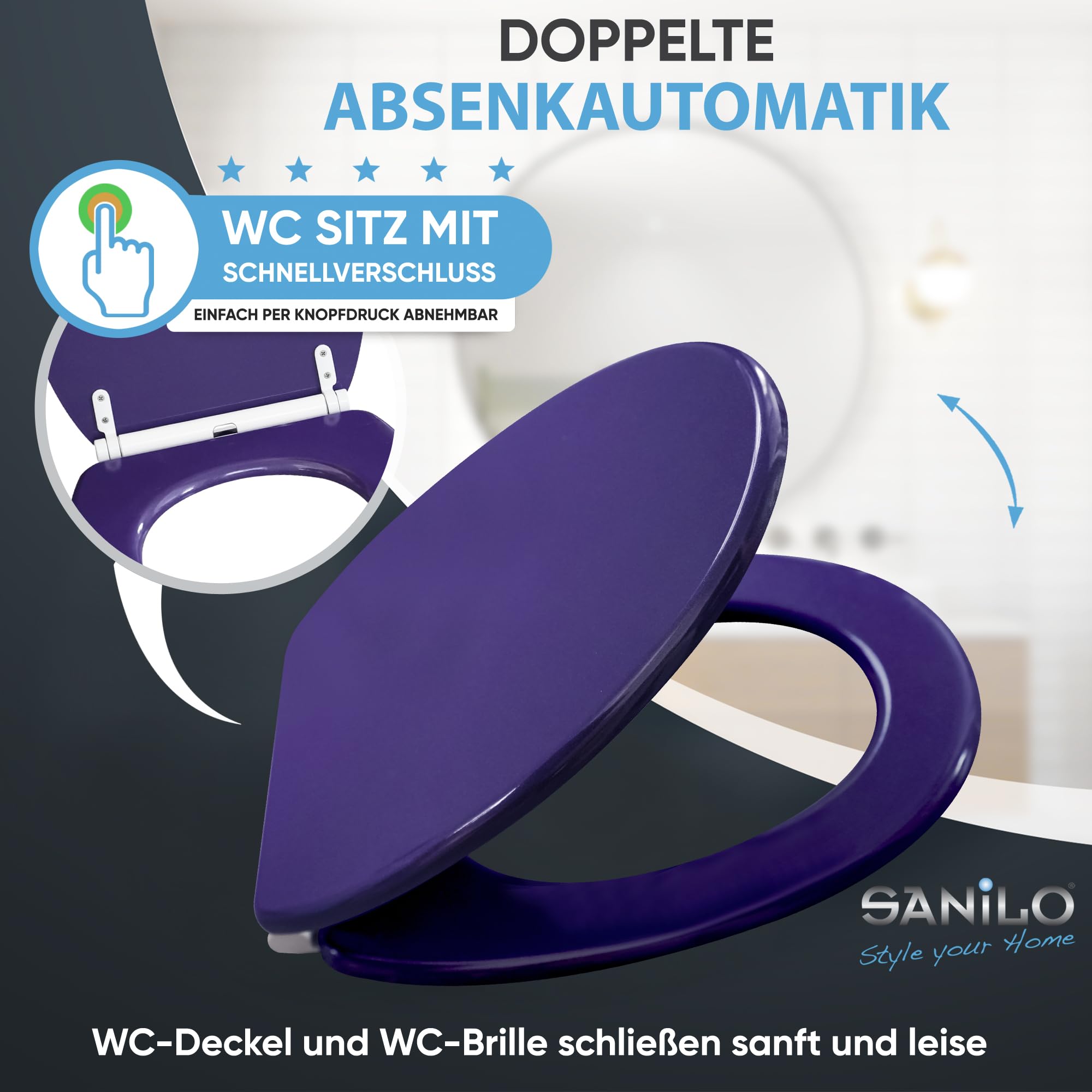 Sanilo WC Sitz mit Absenkautomatik & Schnellverschluss, Toilettendeckel per Knopfdruck abnehmbar, einfache Montage von oben (Glitzer Lila)