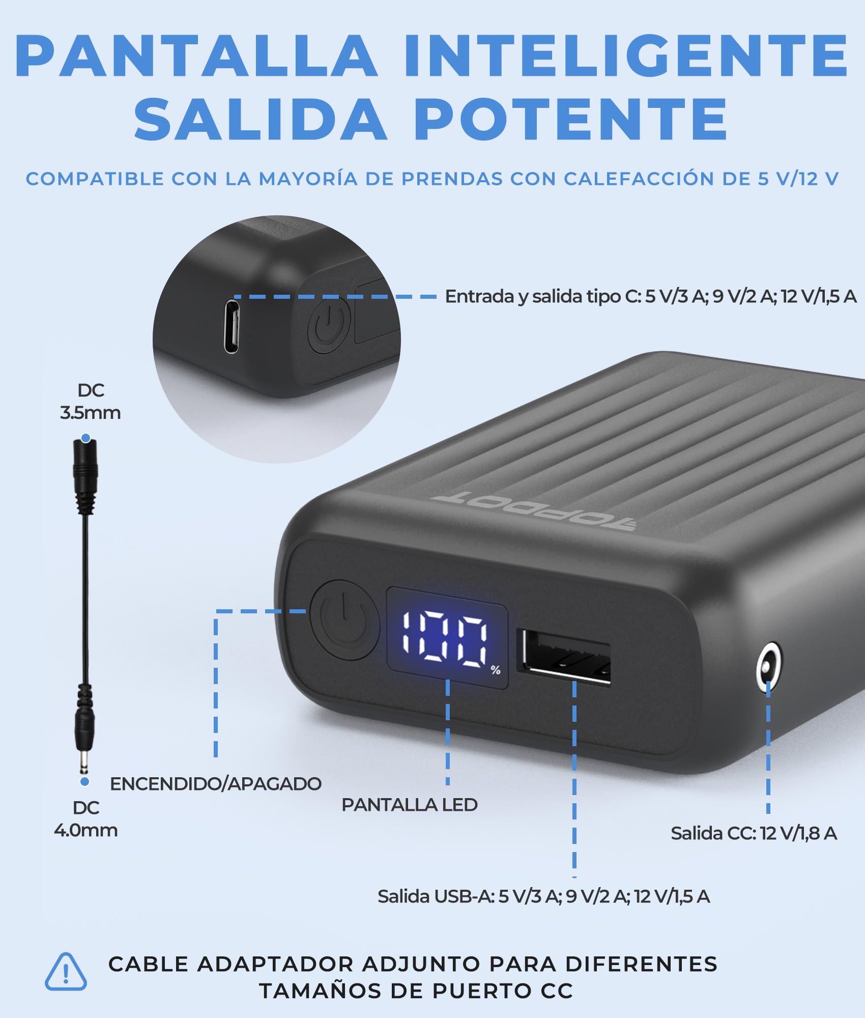 Topdot Batería Externa 18400 mAh para Chaquetas Calefactables 12 V/7,4 V