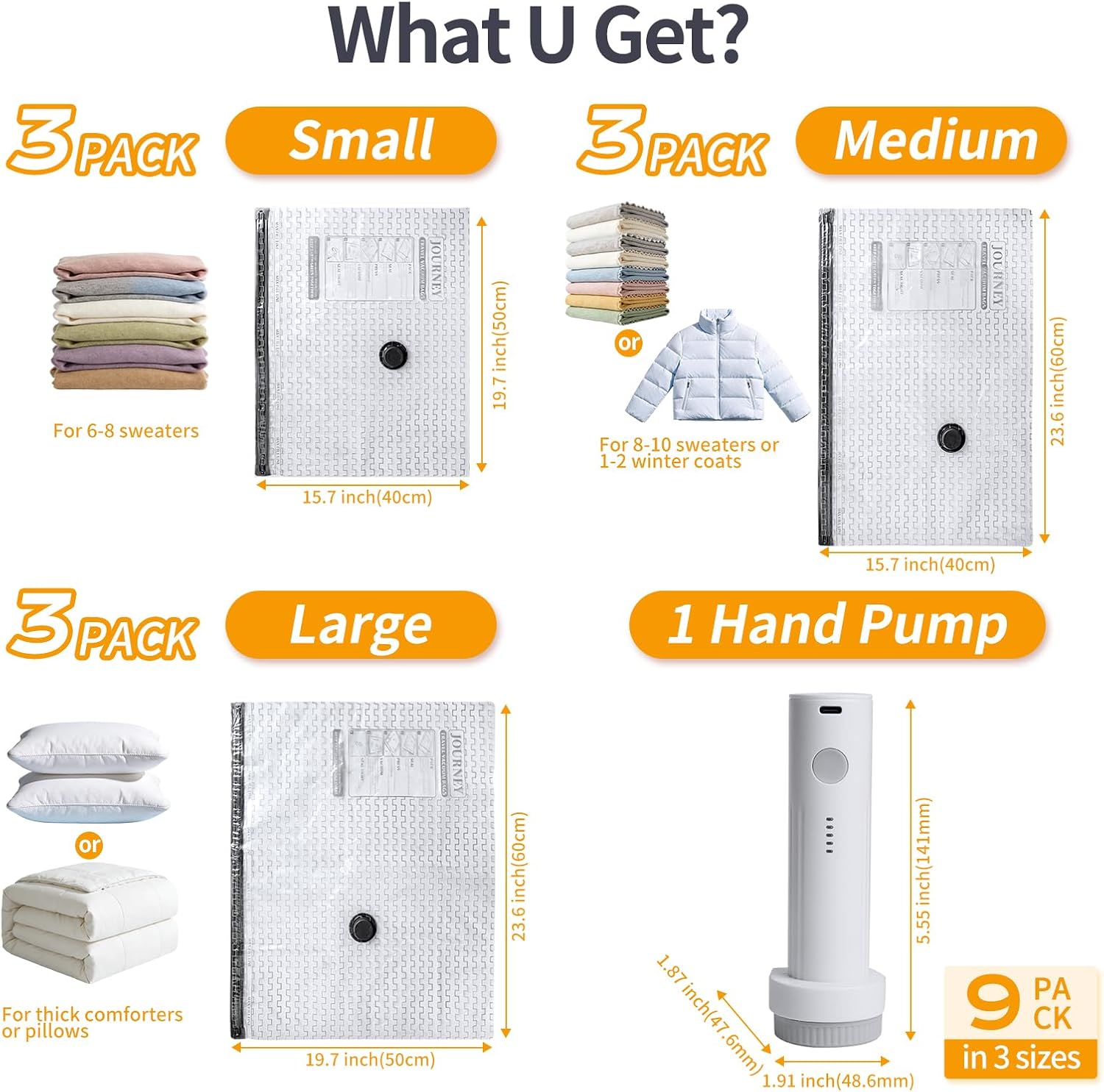 9 Pack Vacuum Bags for Travel with Rechargeable Cordless Electric Pump | 80% Space Saving, Double-Zip, Reusable 3-Size Bags for Business Trips, Cruise, RV, Luggage Packing & Home Seasonal Storage