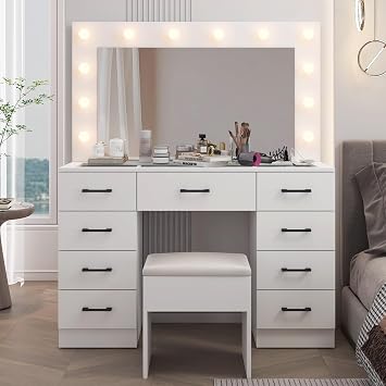 VINGLI Makeup Vanity Desk with Mirror and Lights, Dressing Table with 9 Drawers & Padded Stool, Makeup Table with Glass Top & 12 LED Light Bulbs & Power Outlet for Dressing Room Bed Room, White