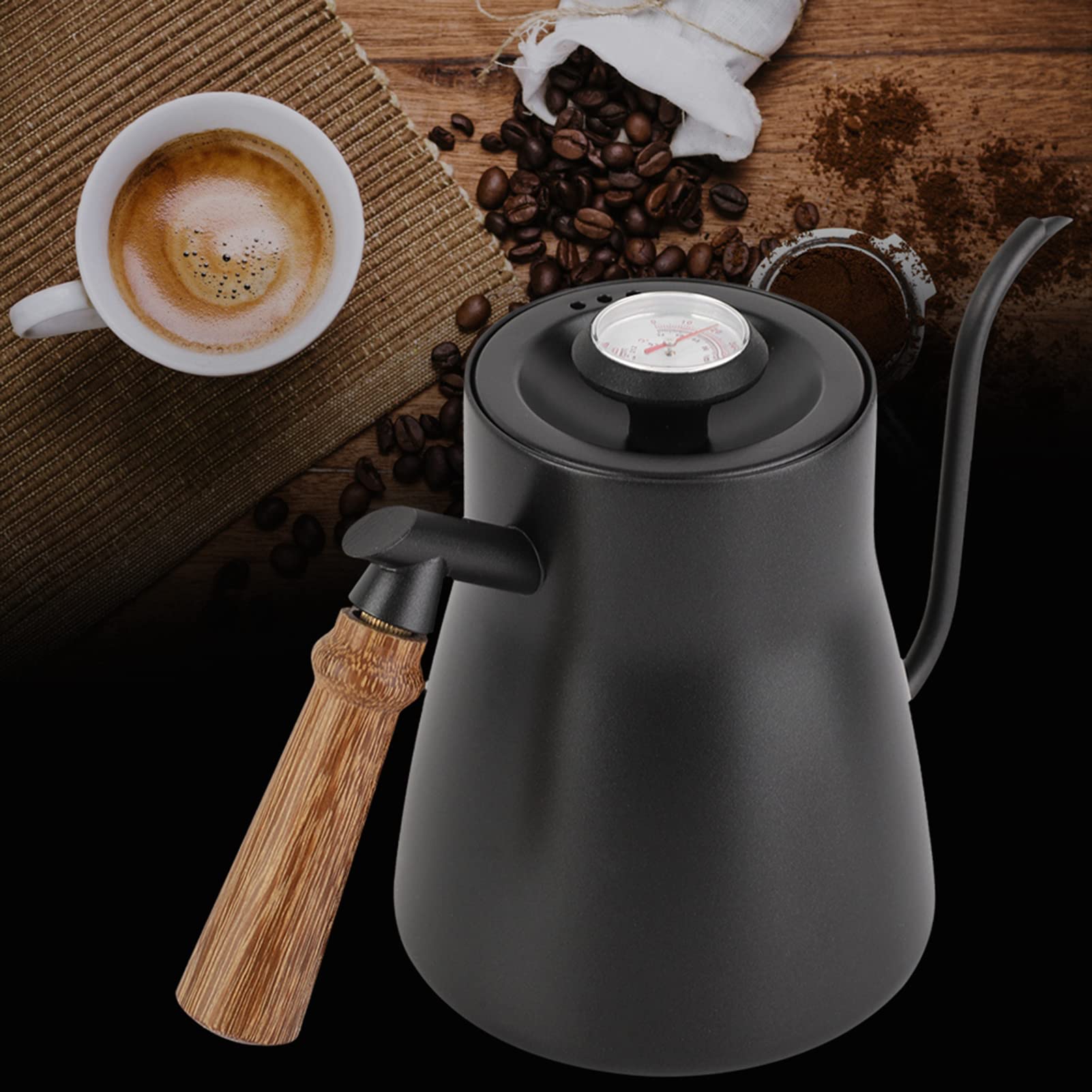 ZPSHYD Kaffeekessel, 850 ml Schwanenhalskessel PTFE-beschichteter Edelstahl Übergießkaffeekessel mit Holzgriff(with Thermometer)