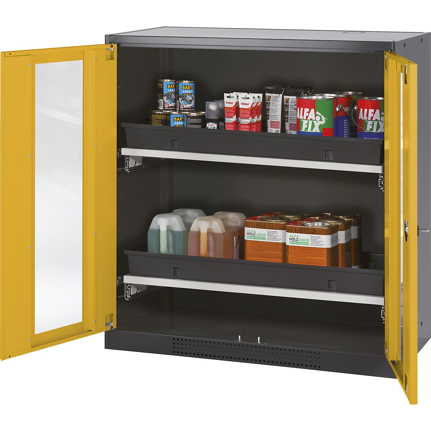 asecos | Armoire de Laboratoire pour Produits Chimiques | 2 Porte | mi-Hauteur | 2 tablettes coulissantes | avec vitre | Jaune