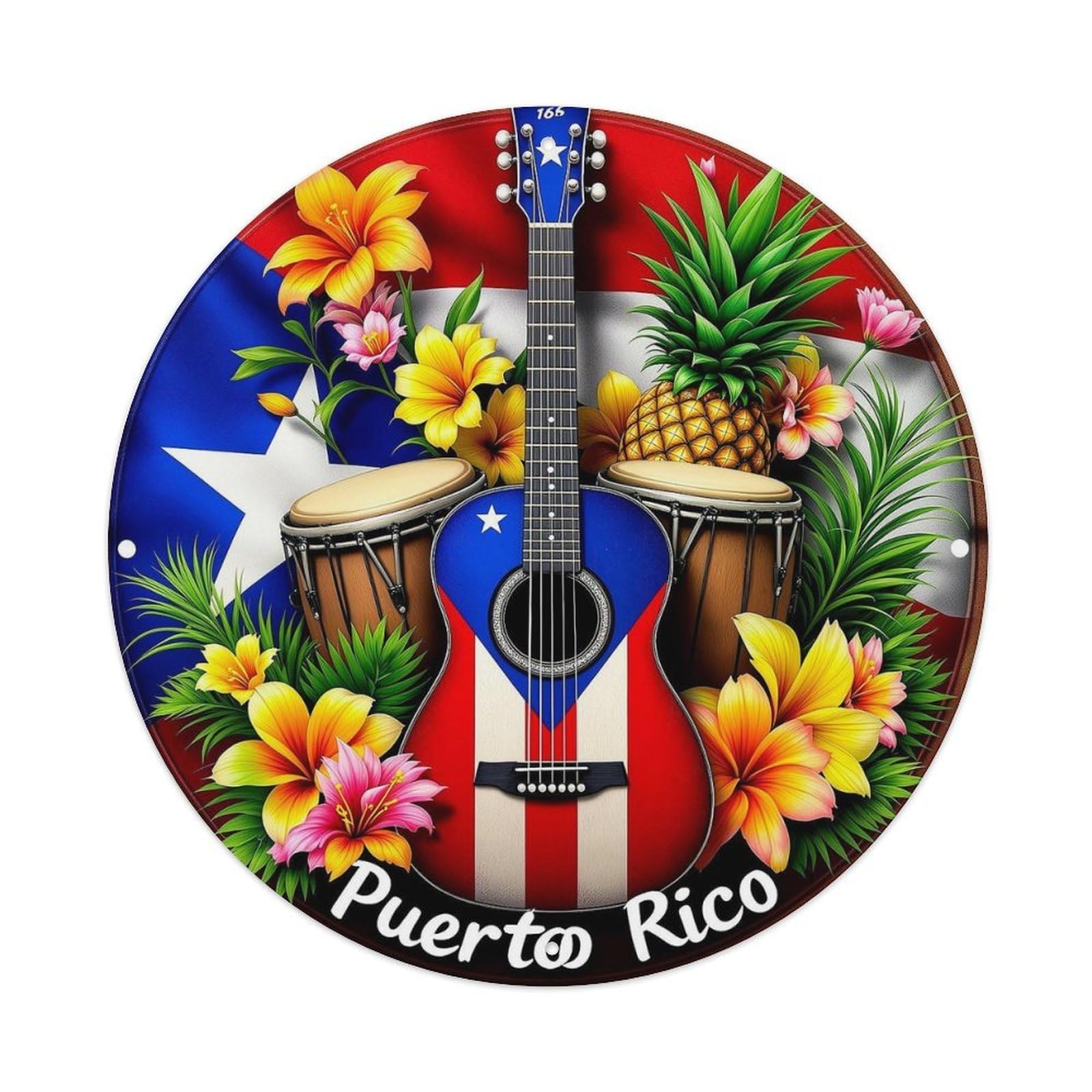 Puerto Rico Flag Guitar Drums Flowers Round Metal Tin Sign Vintage Wall Decor, Bar Garage Cafe Kitchen Home Wall Art Poster 8x8inches