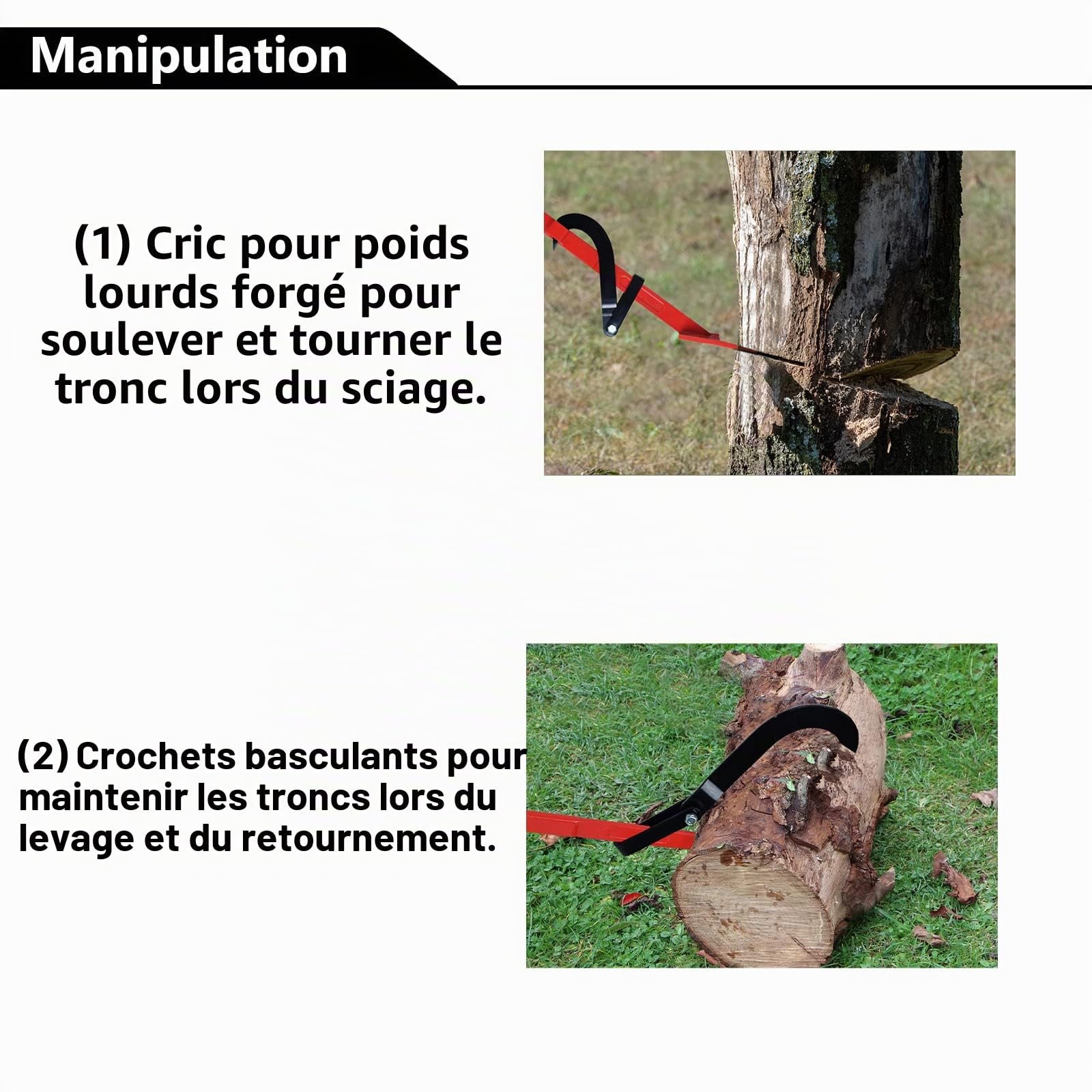 UISEBRT Lève-tronc professionnel 130 cm pour abattre les arbres, avec crochet réversible, aide à l'abattage jusqu'à 250 kg, aide à la rotation pour le travail du bois