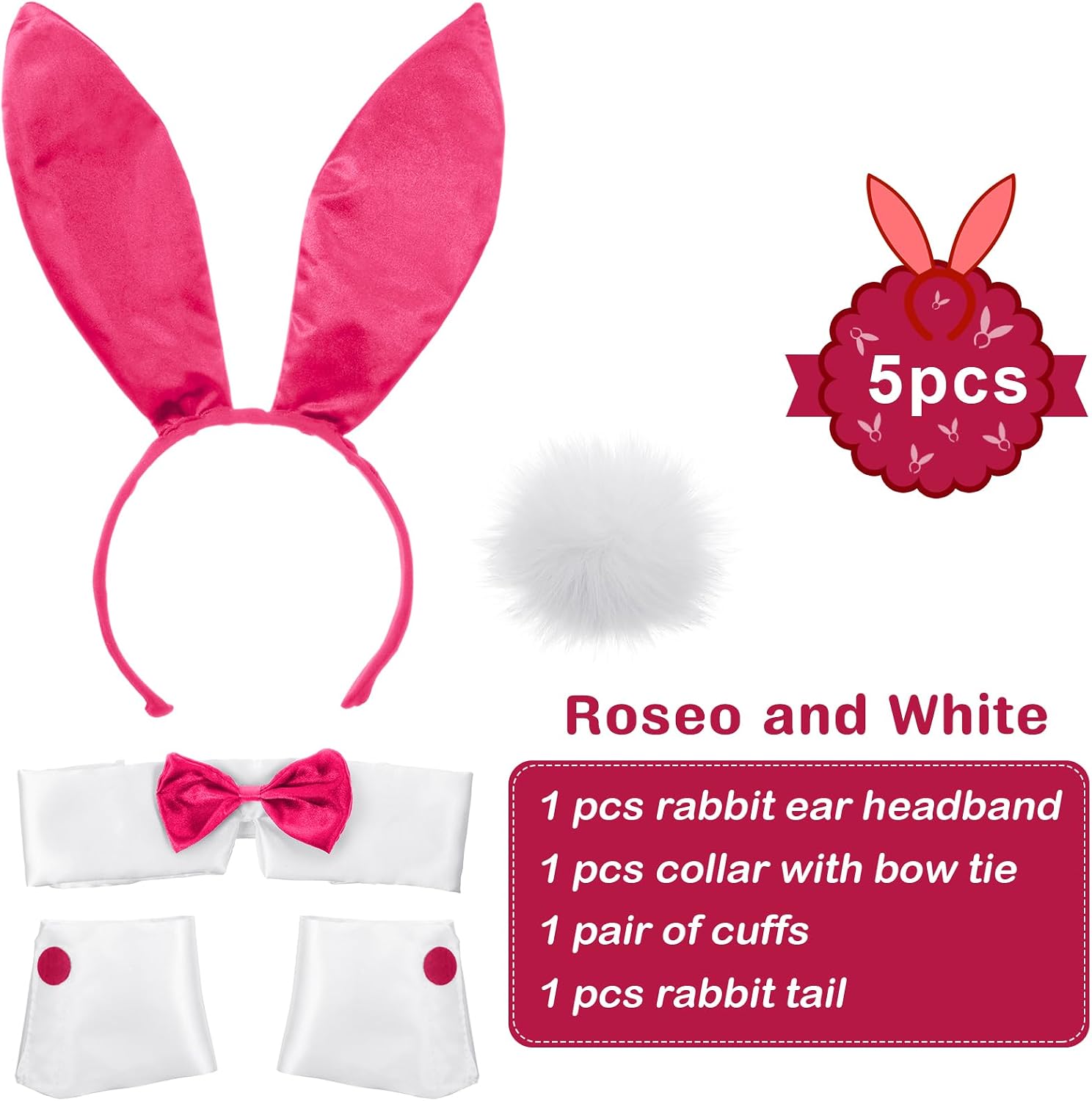 SATINIOR Bunny Costume Set Rabbit Ear Headband Collar Bow Tie Costume Cuffs Rabbit Tail for Halloween Party