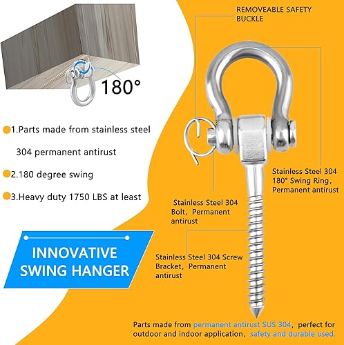 Miniatura 3 de Paquete de 4 perchas de columpio resistentes de 180 de capacidad de 1750 libras, soportes de tornillo de acero inoxidable, ganchos de hamaca para