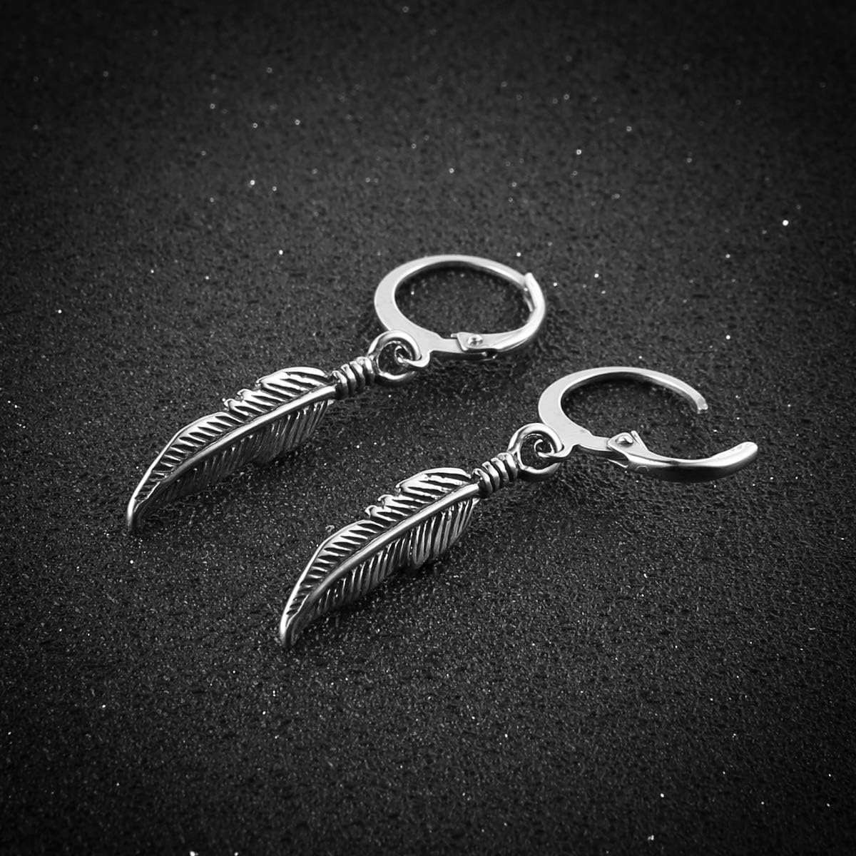 HZMAN Bike Punk Stainless Steel Feather Design Hoop Earrings, Christmas Thanksgiving New Year Wedding Gift (Feather Design Silver) - Image 4