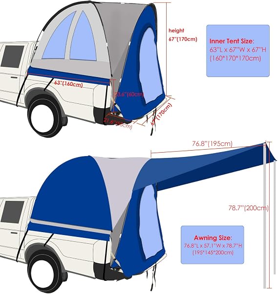 Playdo Waterproof Truck Camping Tent with Rain Fly and Awning  with 2pcs Anchor Sandbag