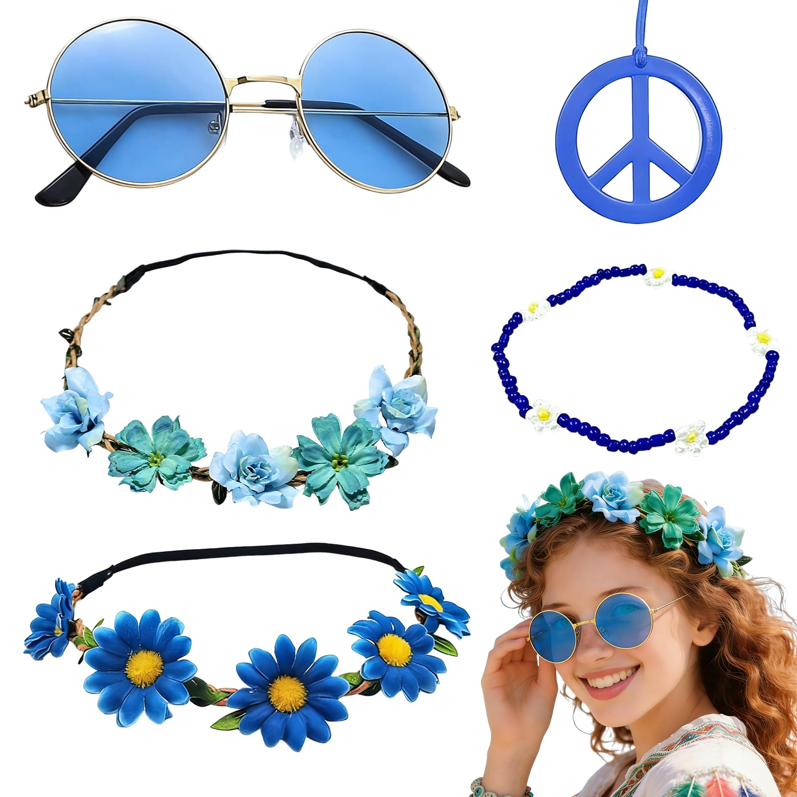 5Pcs Hippie Accessories Set for Women, 60s 70s Retro Fancy Dress Costume with Flower Crown Headband Hair Fork Peace Sign Accessories Round Sunglasses Bohemian Festival Groovy Party Favors (Blue)