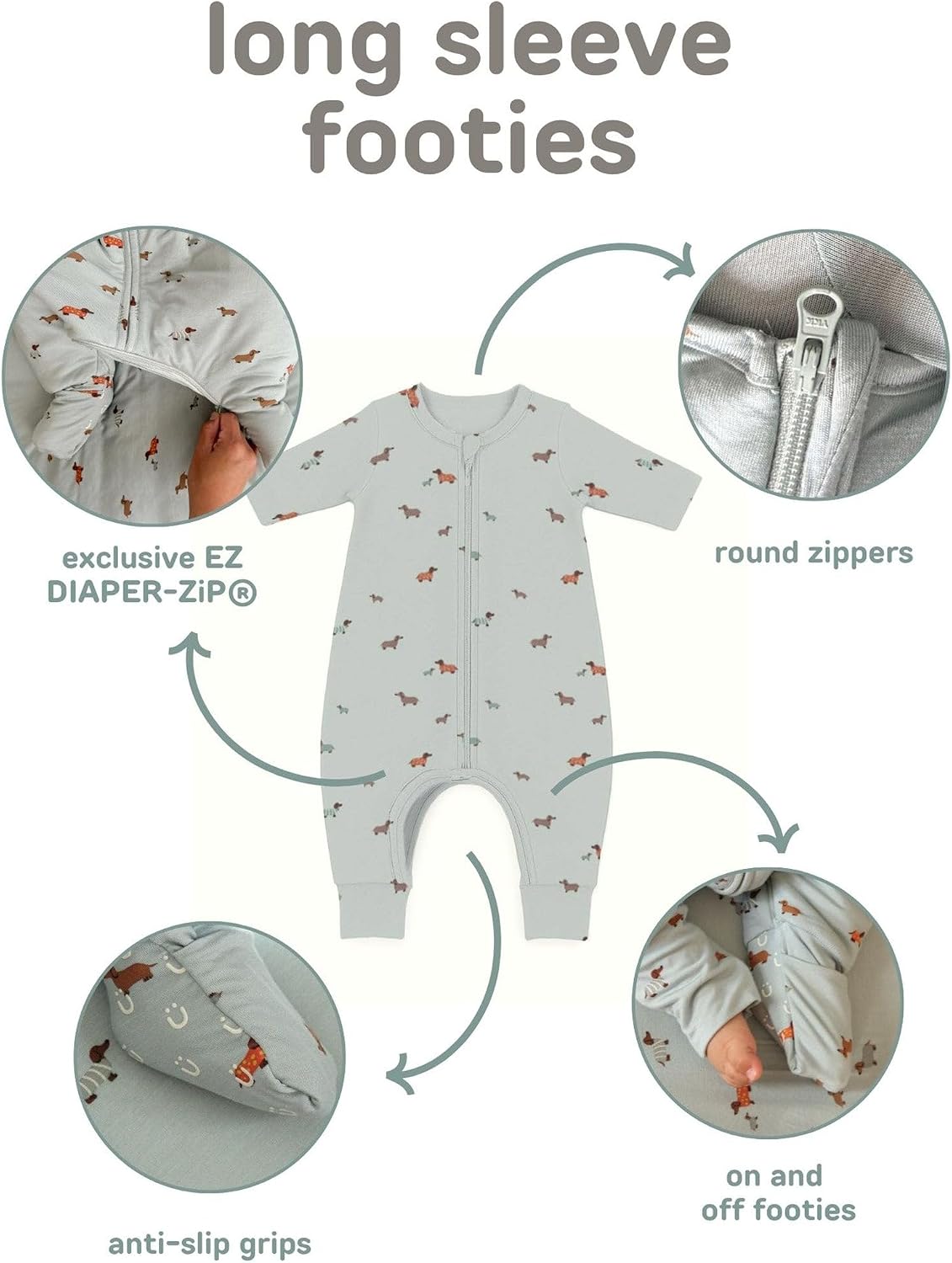 GUNAMUNA Long-Sleeve Footie Sleep Sack for Babies, Diaper Zipper, Convertible Foot Cuffs, Anti-Slip Grips, 1.0 TOG