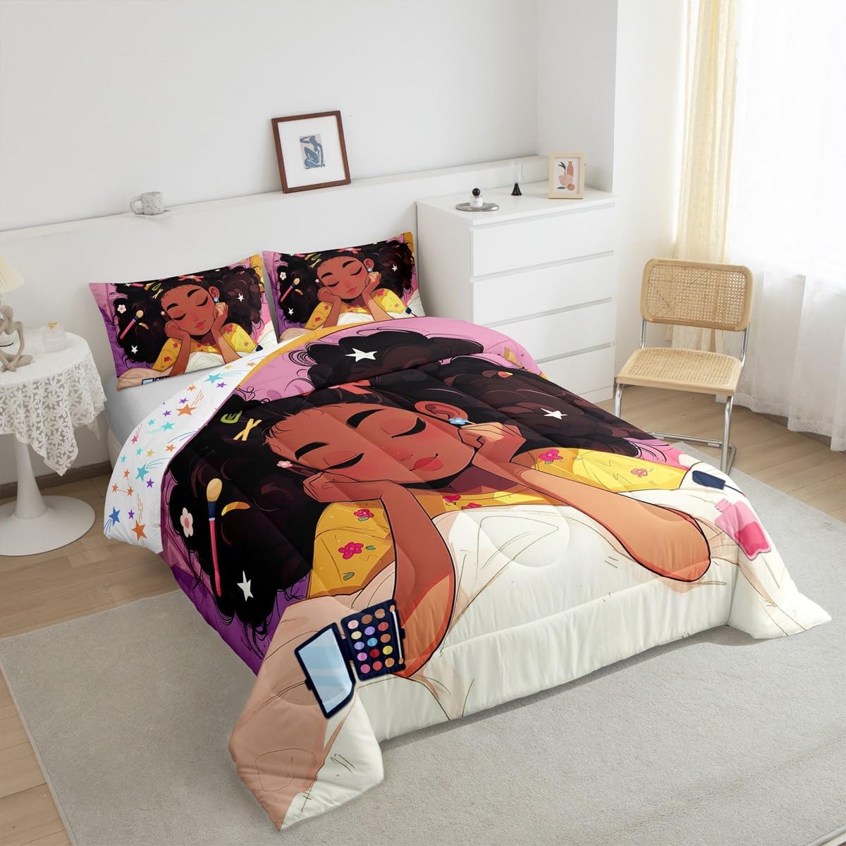 Erosebridal Kids Black Cute Girl Comforter Sets for Girls,American African Girls Bedding Set King Size Black Princess Girl Bed Comforter Set Reversible Colorful Stars Quilt Set 2 Pillow Cases