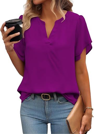 Zeagoo Womens Dressy Casual Shirts Short Sleeve V Neck Work Blouse Business Casual Summer Chiffon Tops