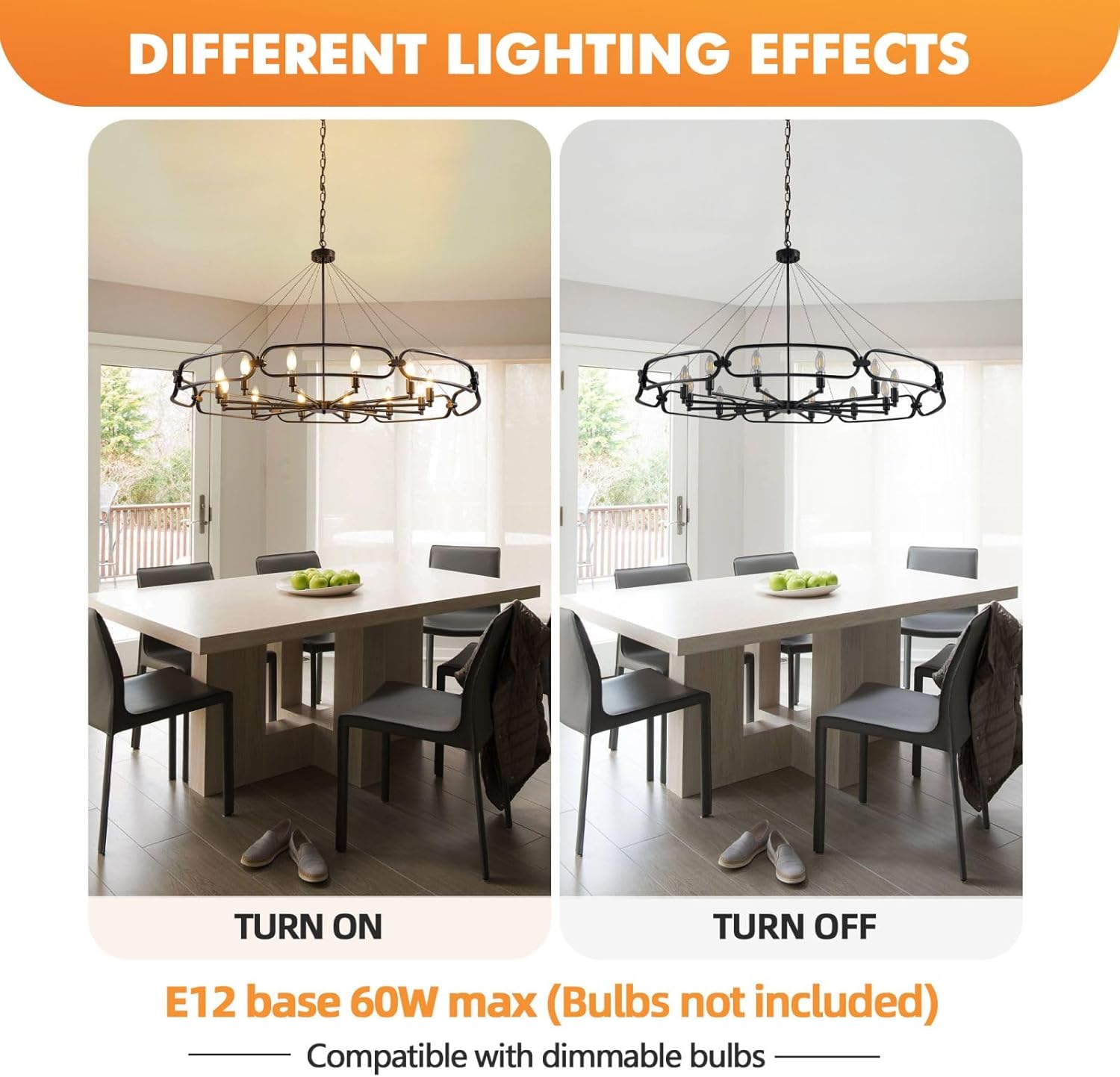 52.8" Industrial Style Black Chandelier, 8-Light Modern Chandeliers for Dining Room, Round kitchen Island Light Fixtures, Farmhouse Foyer Lighting Fixtures, for Living Room, Bedroom, Foyer, Entryway