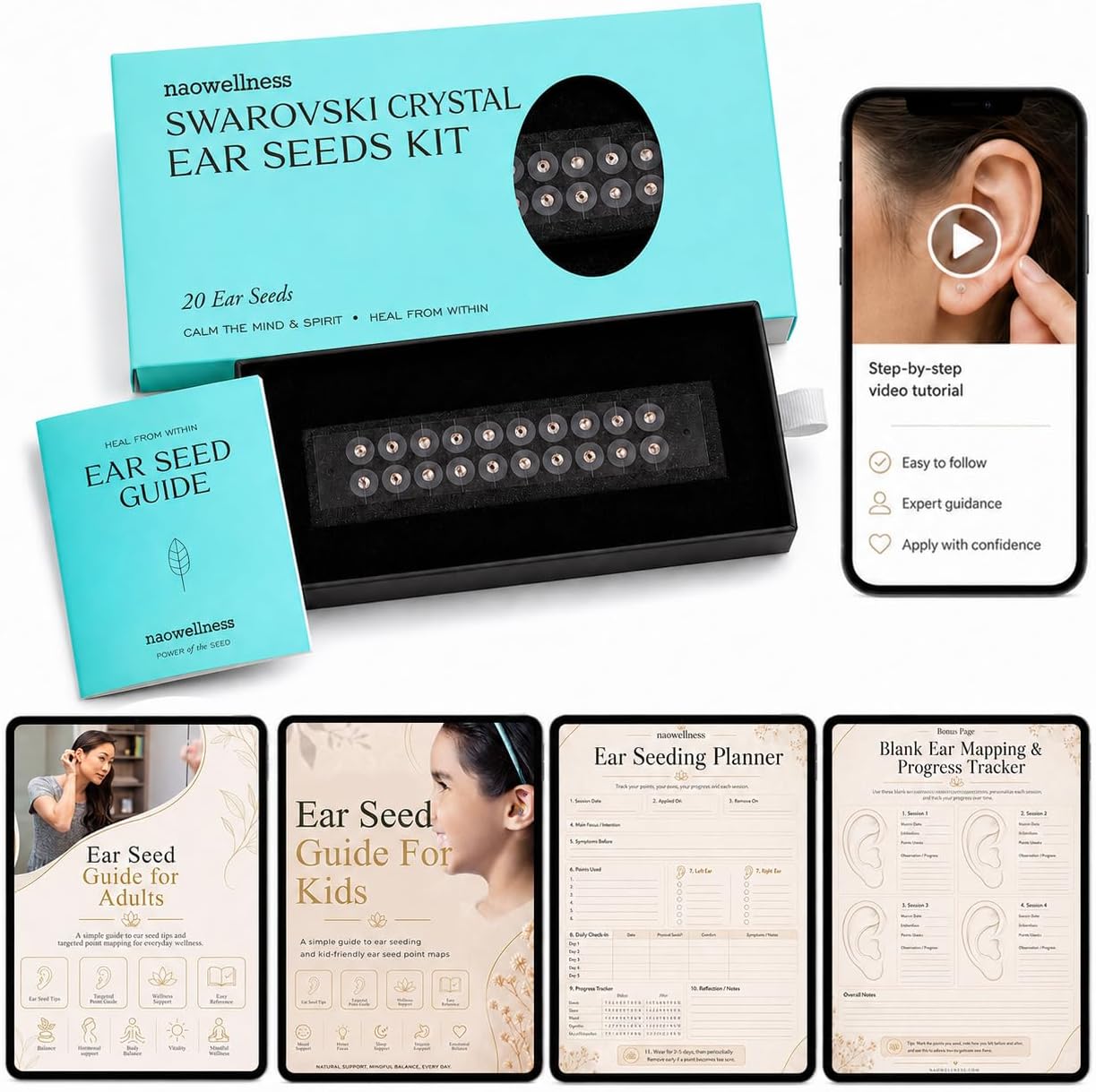 NAO Wellness Crystal Ear Seeds- Auriculotherapy Seeds Self-Care Acupressure Beads with 40+ Solutions – 20 Ear Seeds Acupuncture Kit – Suitable for Adults and Kids (Swarovski)