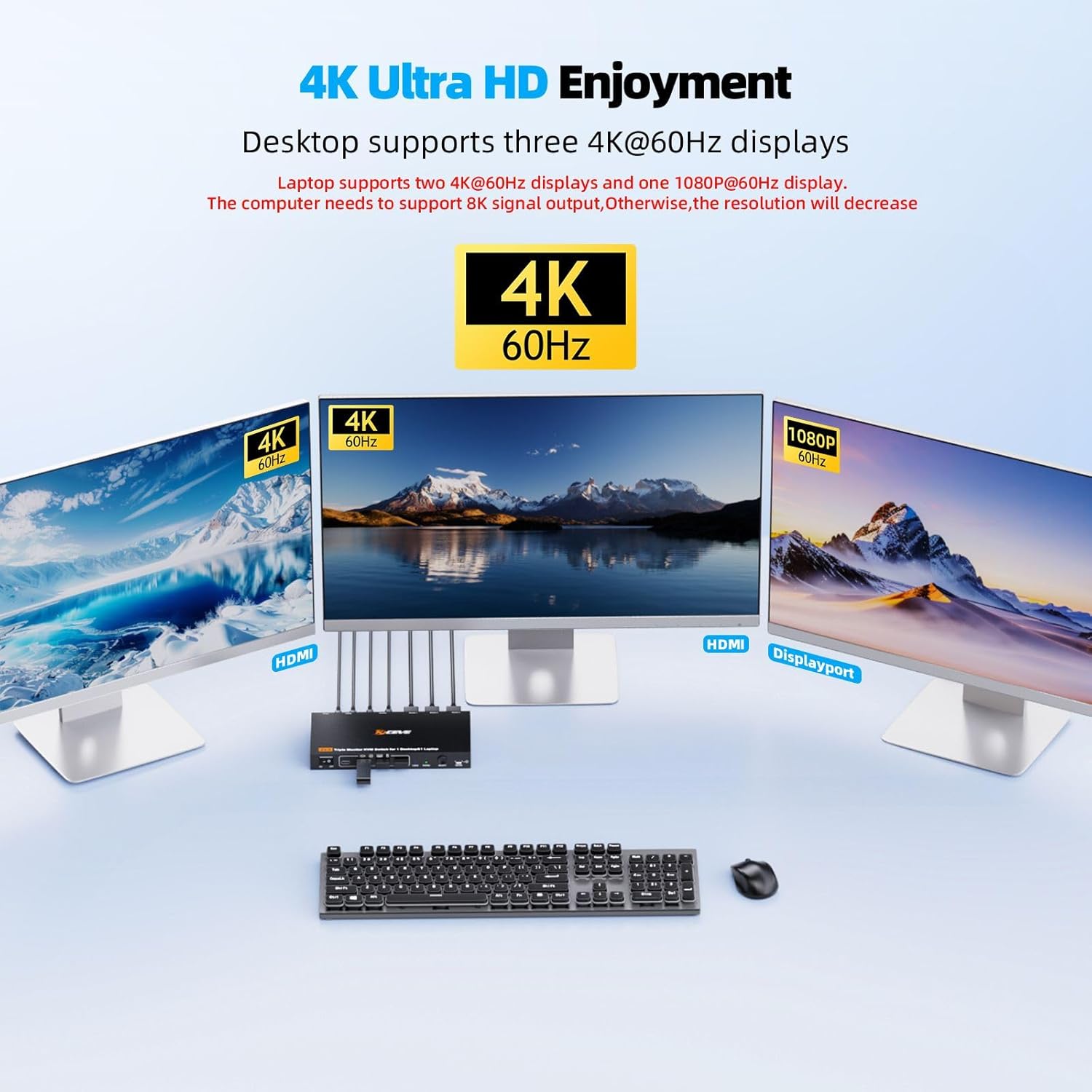 KCEVE Triple Monitor KVM Switch for 1 Laptop 1 Desktop, USB 3.1 KVM Switch 3 Monitors 2 Computer USB C HDMI DP Share 4 USB Device Mouse Keyboard, 100W PD, 4K@60Hz, MST, Power, Wired Remote