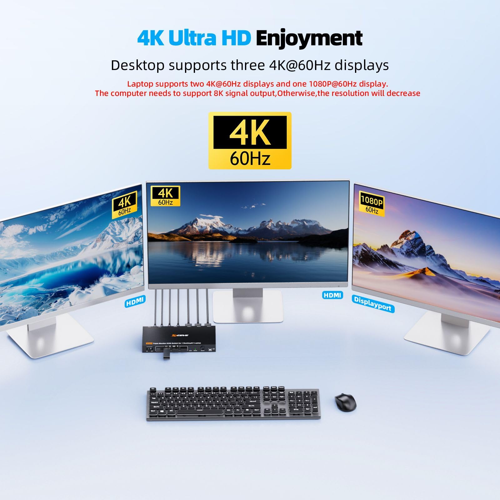 Triple Monitor KVM Switch per 1 Laptop 1 Desktop, USB 3.1 KVM Switch 2 PC 3 Monitor USB C HDMI DP Condividono 4 USB ports, 100W PD, 4K@60Hz, MST, Wired Remote(4K USBC DP HD 2 in 3 out)
