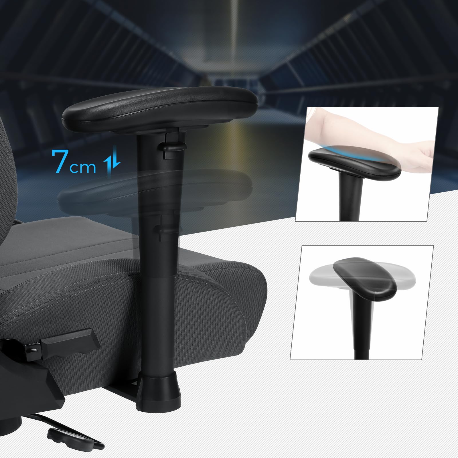 Songmics Bürostuhl Gaming Stuhl Chefsessel ergonomisch mit Verstellbare Armlehnen, Kopfkissen Lendenkissen 66 x 72 x 124-132 cm Grau-Schwarz RCG13G