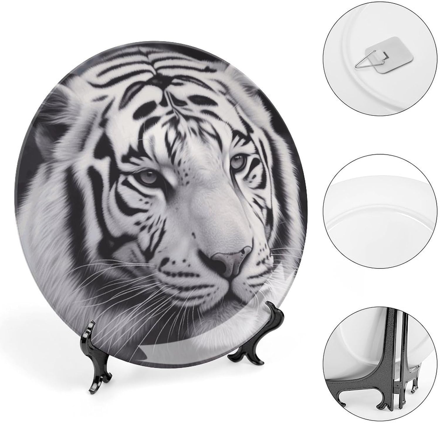 White Tiger Bone China Decorative Plate with Display Stand, Ceramic Ornaments Plate for Wall Hanging, Personalized Porcelain Plates for Office, Living Room 8inch