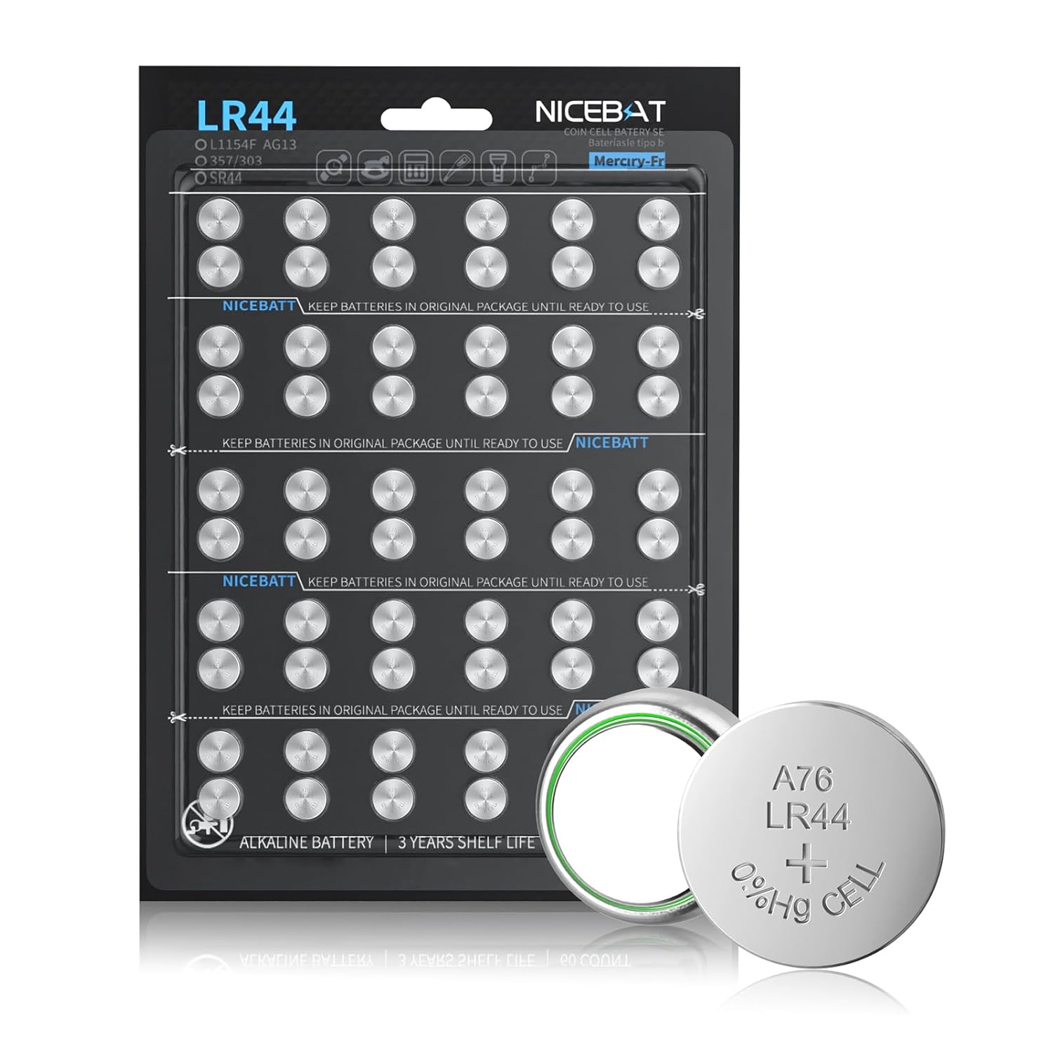 LR44 Batteries 60 Pack AG13 L1154F 357 303 SR44 A76 Premium Alkaline 1 5V Button Coin Cell Battery