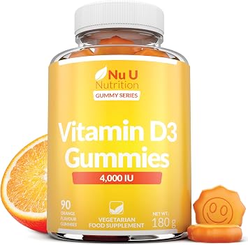 Vitamin D3 Gummies 4000IU Adults - 90 Vegetarian Gummies - Natural Orange Flavour - Chewable VIT D Gummy Supplement - Made in the UK - Nu U Nutrition