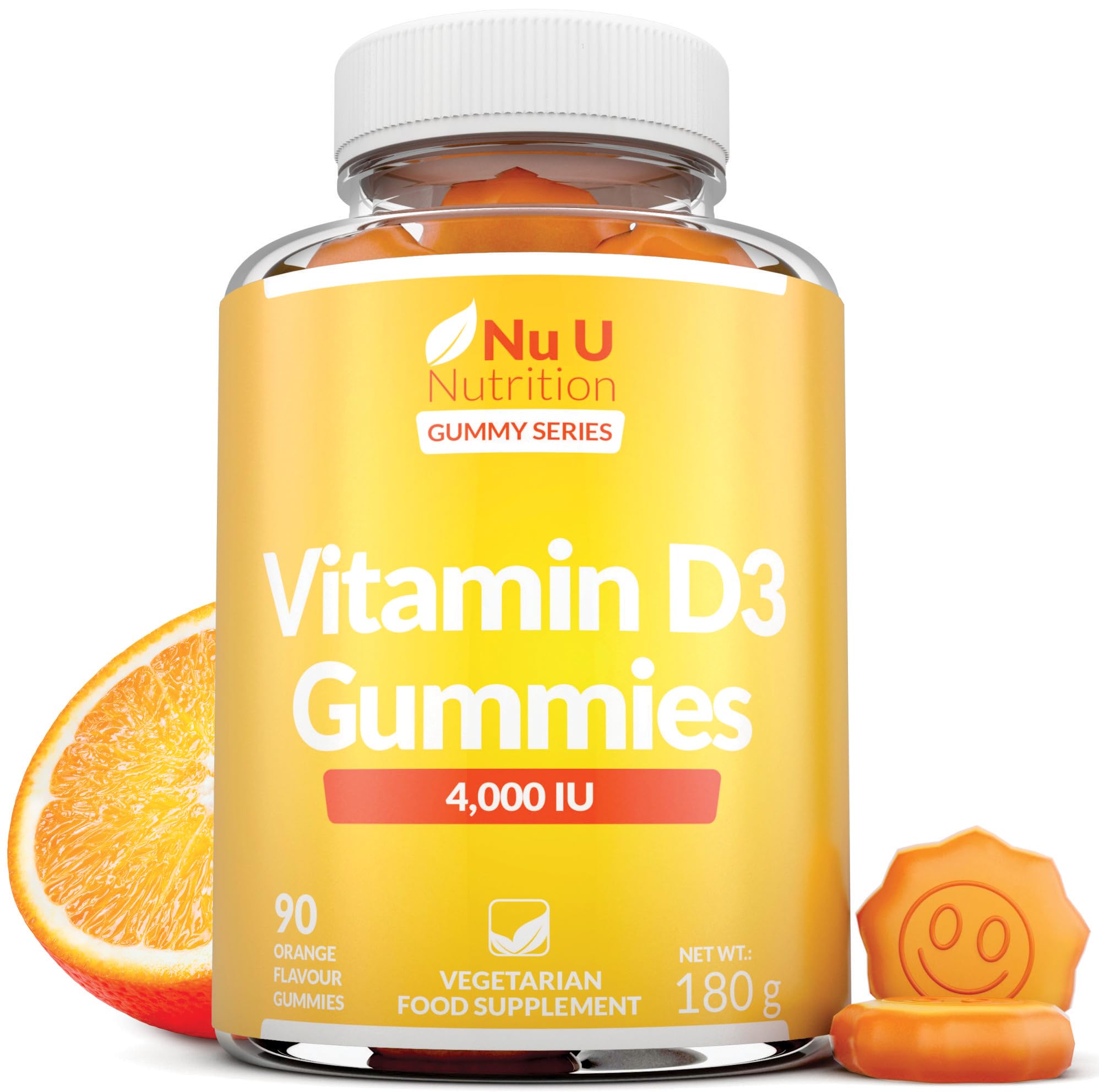Vitamin D3 Gummies 4000IU Adults - 90 Vegetarian Gummies - Natural Orange Flavour - Chewable VIT D Gummy Supplement - Made in The UK - Nu U Nutrition