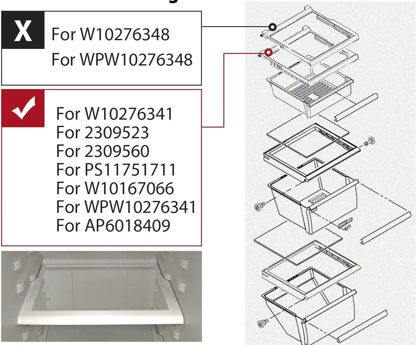 W10276341 Glass Shelf - for Household Whirlpool Refrigerator WPW10276341 W10167066 2309523 2309560 - Fridge plastics vegetable Deli Crisper Glass Shelf Replacement - W 17-3/8 in x L 18 in