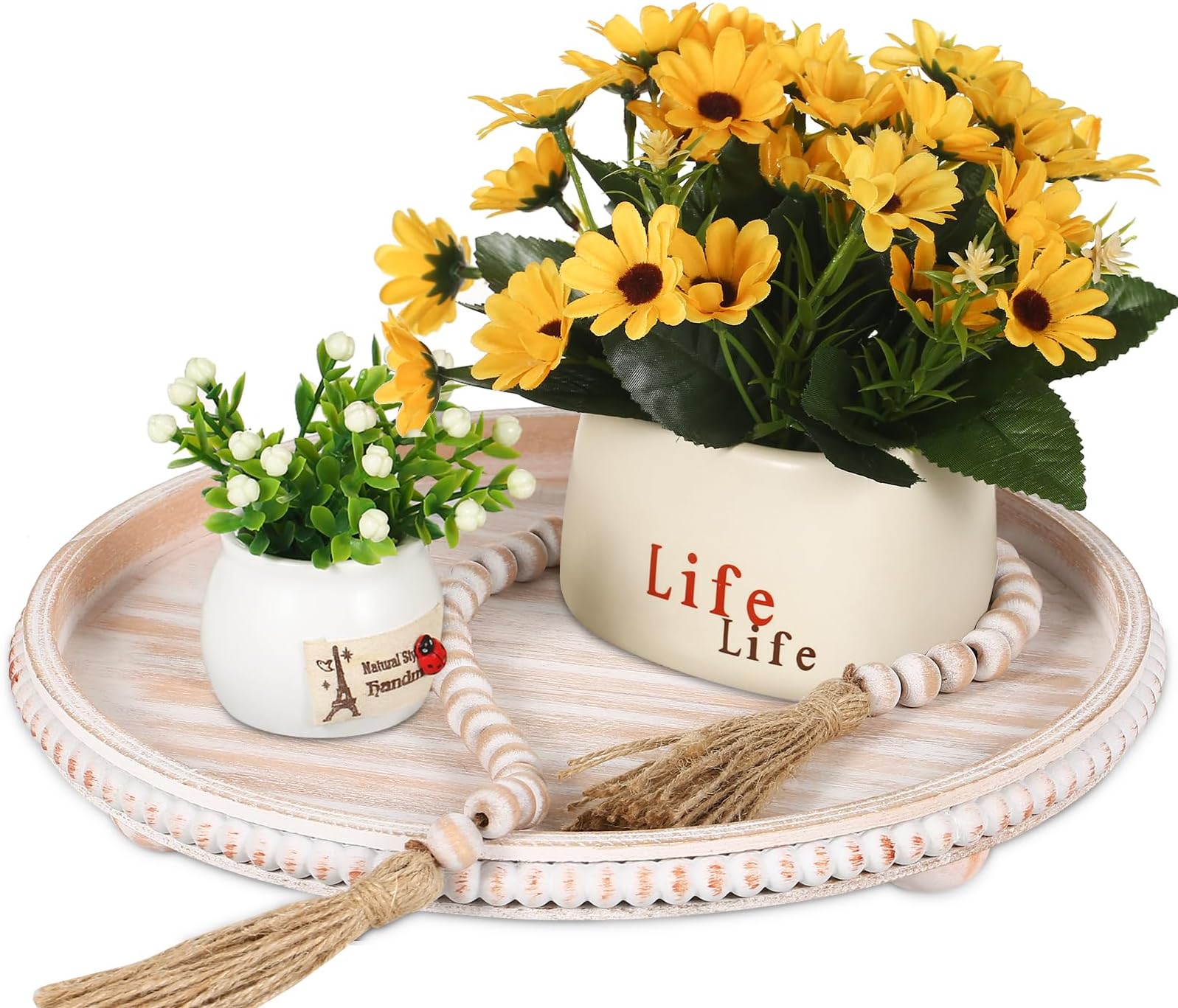 12'' Wood Decorative Tray Round, Wooden Beaded Tray Decorative Coffee Table