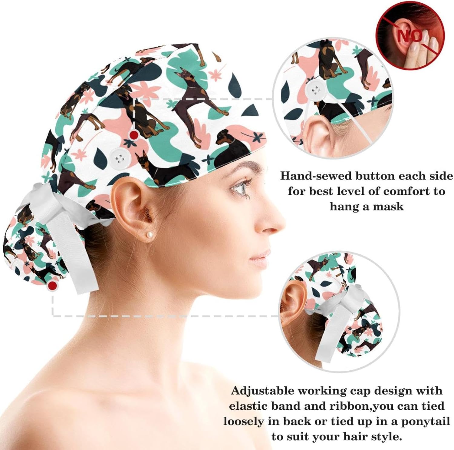 Animals Dogs Scrub Caps Adjustable Working Cap Surgical Caps Nurse Hat with Bow Hair Scrunchy